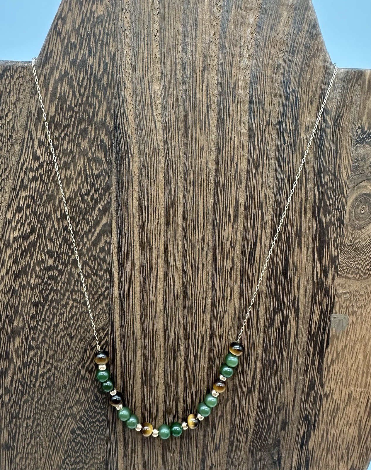 Vintage 14K Yellow Gold 1980’s Add A Bead Necklace Threader Chain Jade Tiger Eye