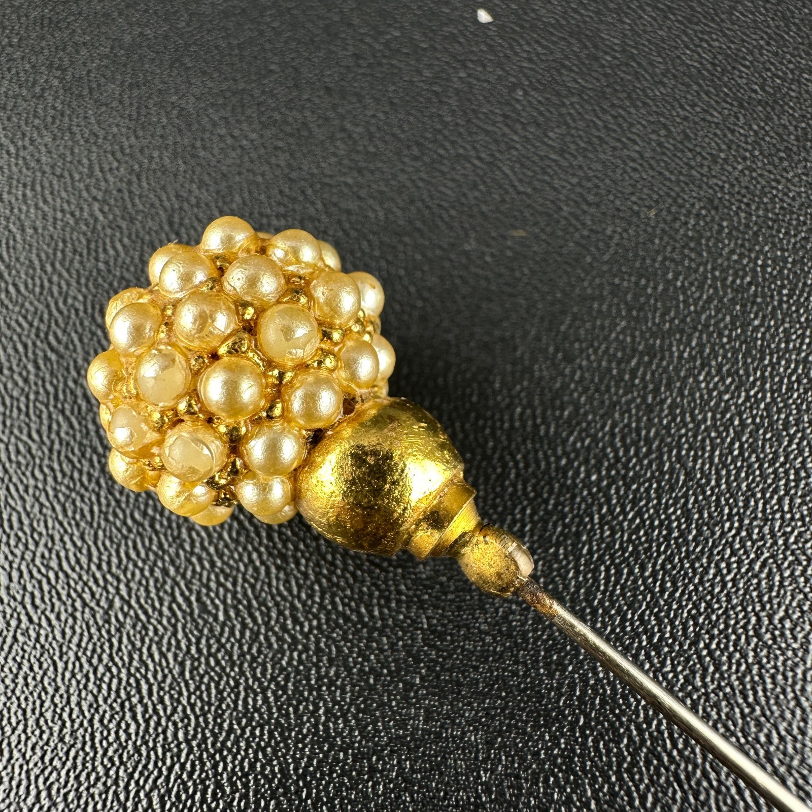 Vintage Hat Stick Pin Gold Tone Faux Seed Pearl Cluster Studded Head 4.25″