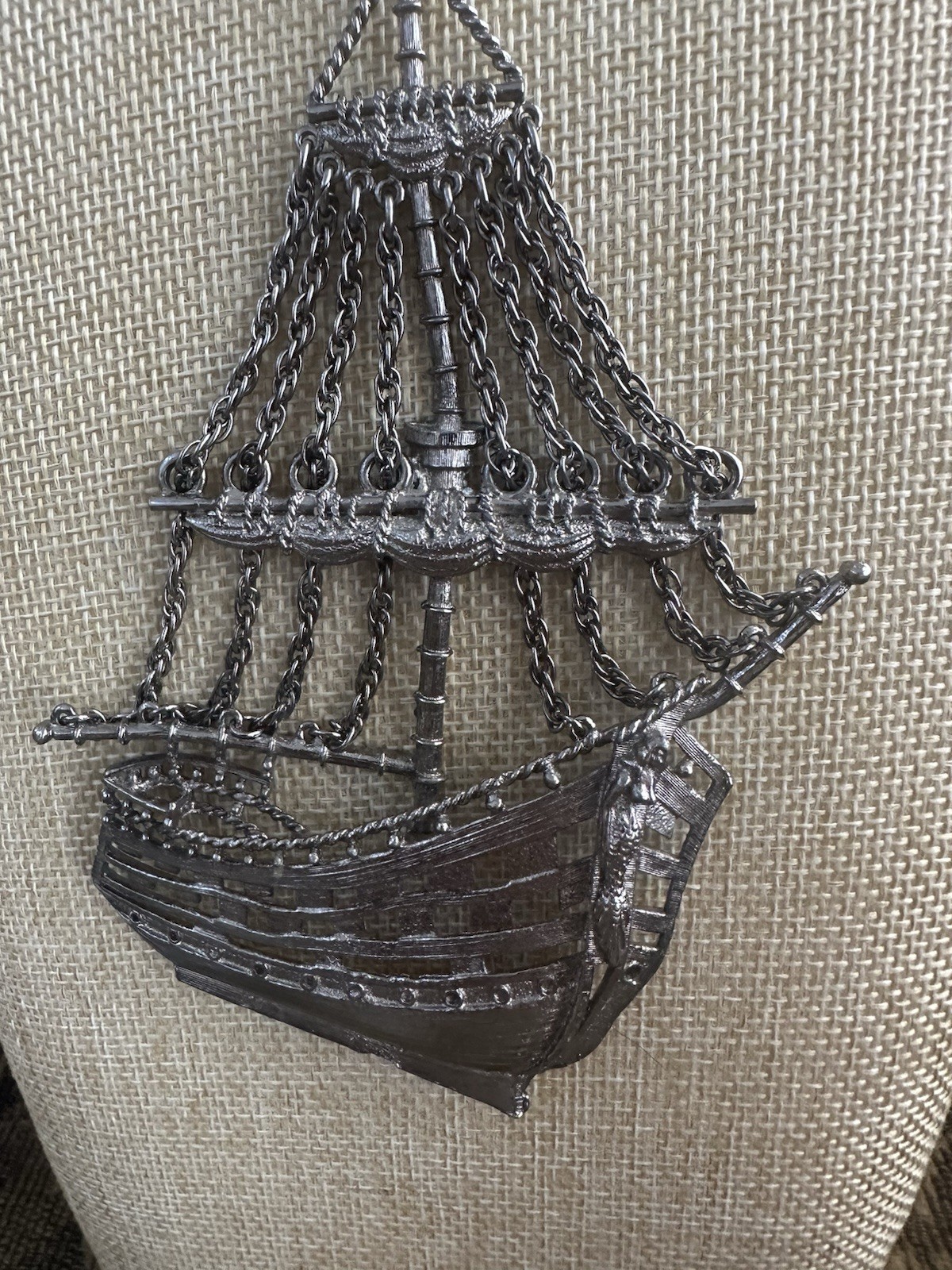 Vintage Sailing Ship Necklace Silver Tone Big Nautical Pendant Brutalist 60s 70s