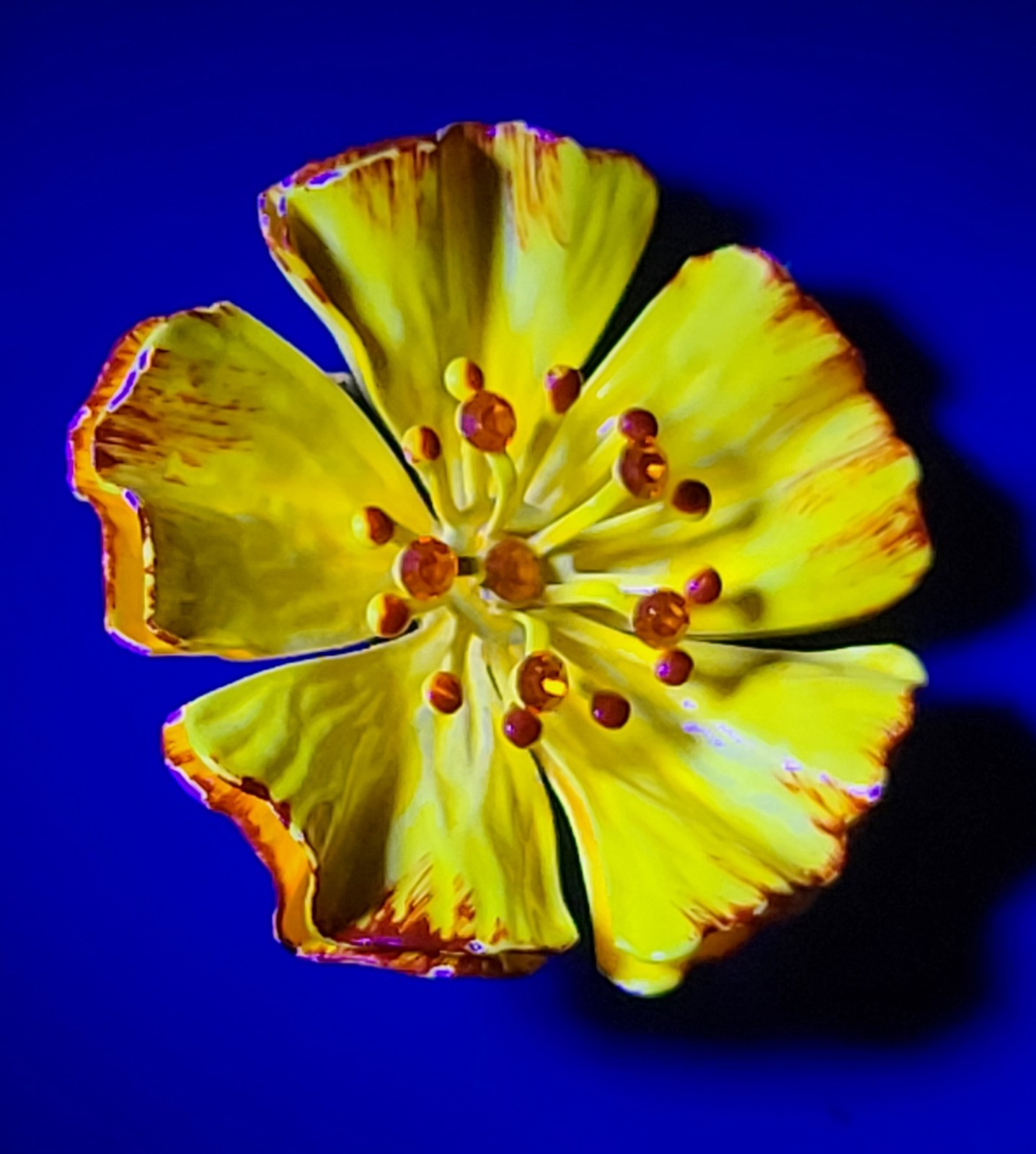 Vintage Yellow Enamel Poppy Flower Power Brooch Pin Hippie MCM Glows Under UV