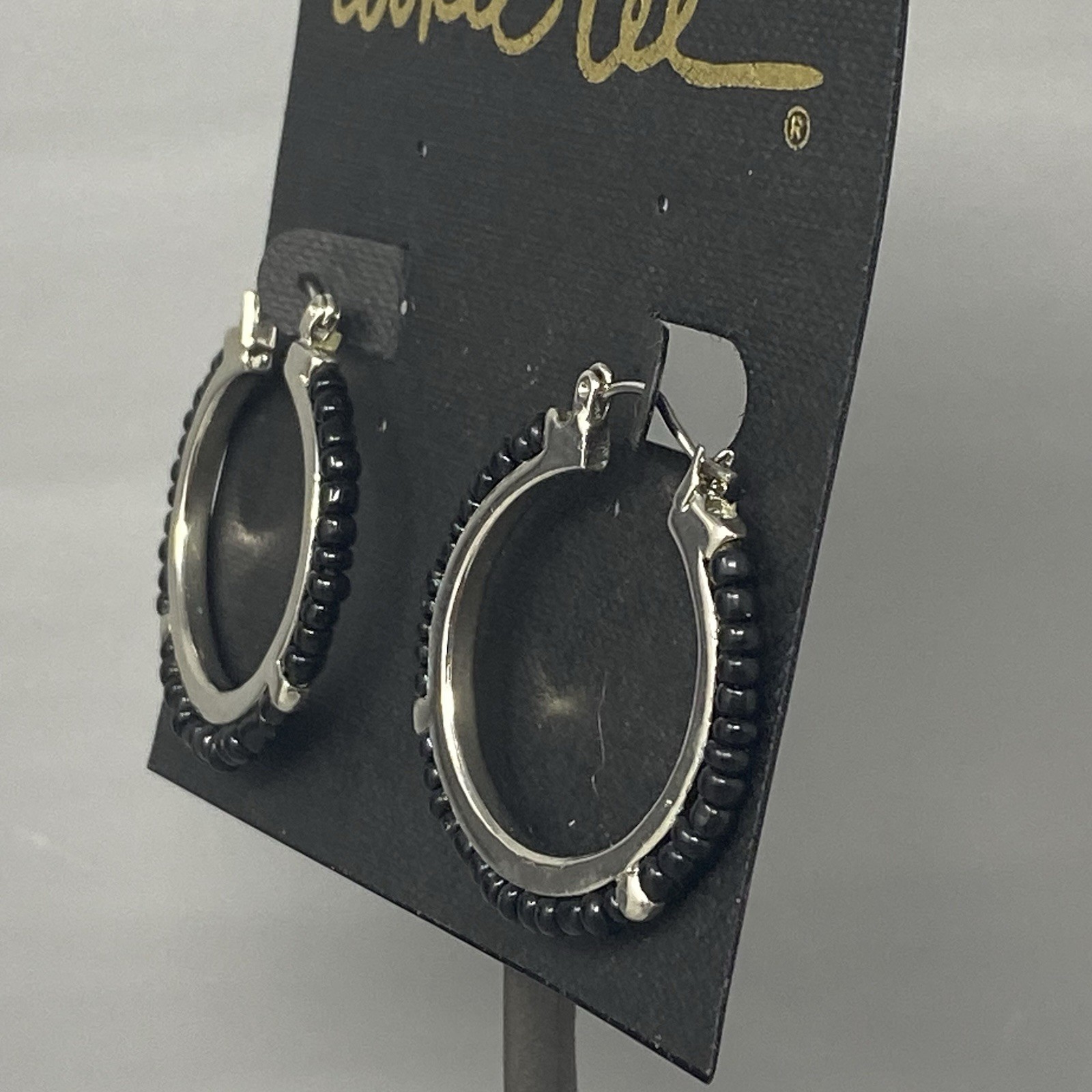 Cookie Lee Hoop Earrings Silver Tone Black Beads Dangle Drop Pierced NOS 1.5″
