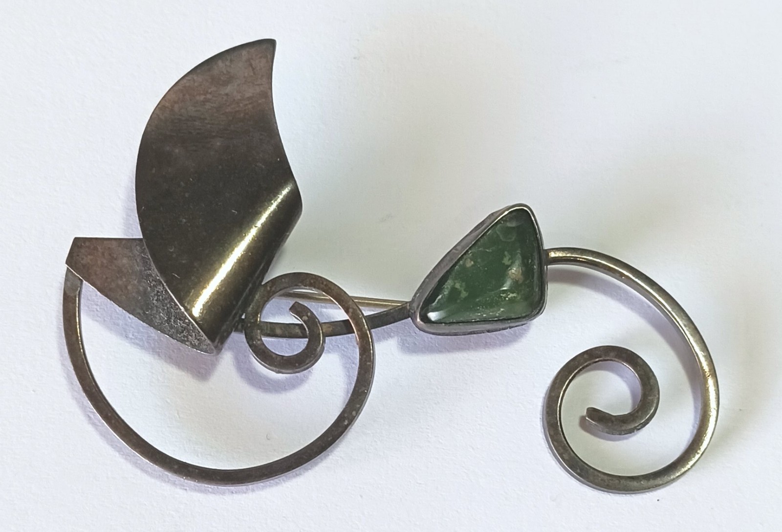 Vintage Dark Metal Swirls Brooch w/ Triangular Dark Green Stone (Jade? Agate?)