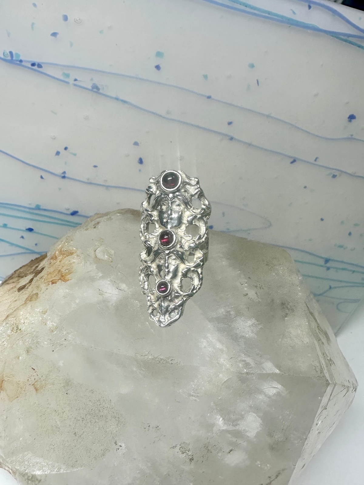 Face ring long figurative Art Deco influences garnets size 5.75 sterling silver