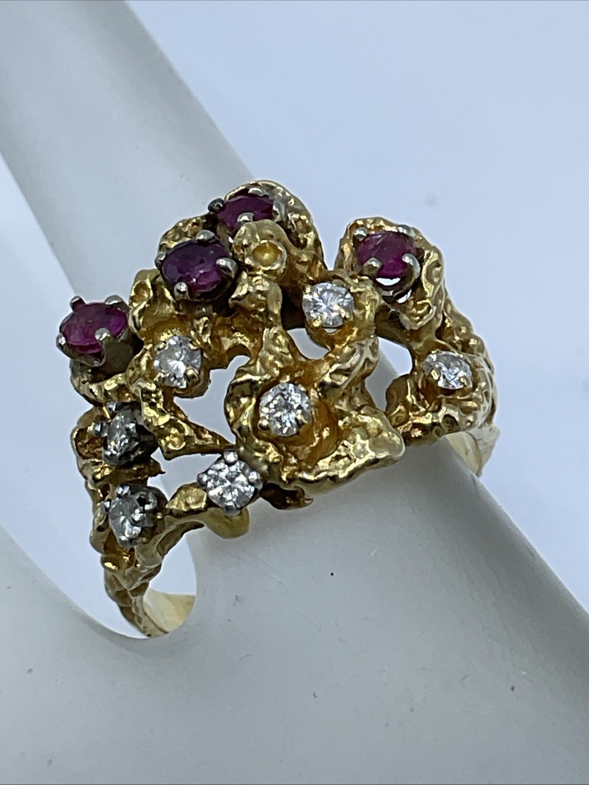 BEAUTIFUL Ladies Ring Solid 17K Yellow Gold Diamond & Ruby VINTAGE HANDMADE10.3g