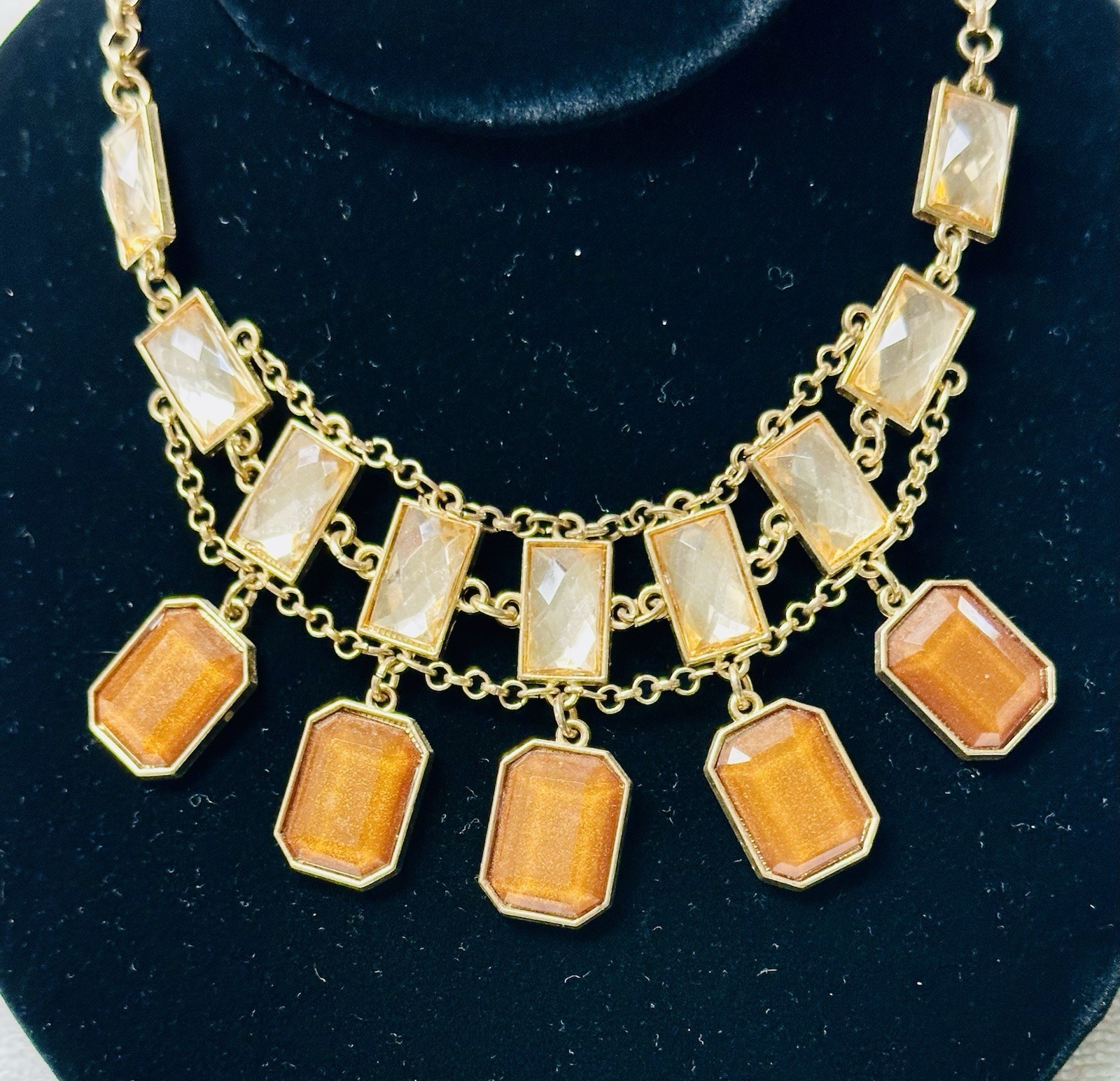 Faceted Rectangle Cabochon Gold Tone Bib Necklace n0153