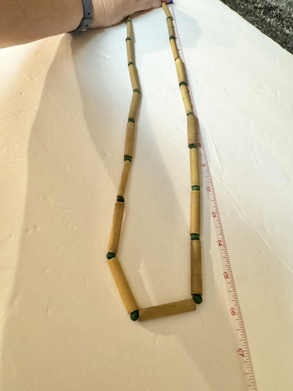 VTG 80s Bamboo Wood Beaded Necklace 32″ Green Brown Tubular Boho Tribal Earthy
