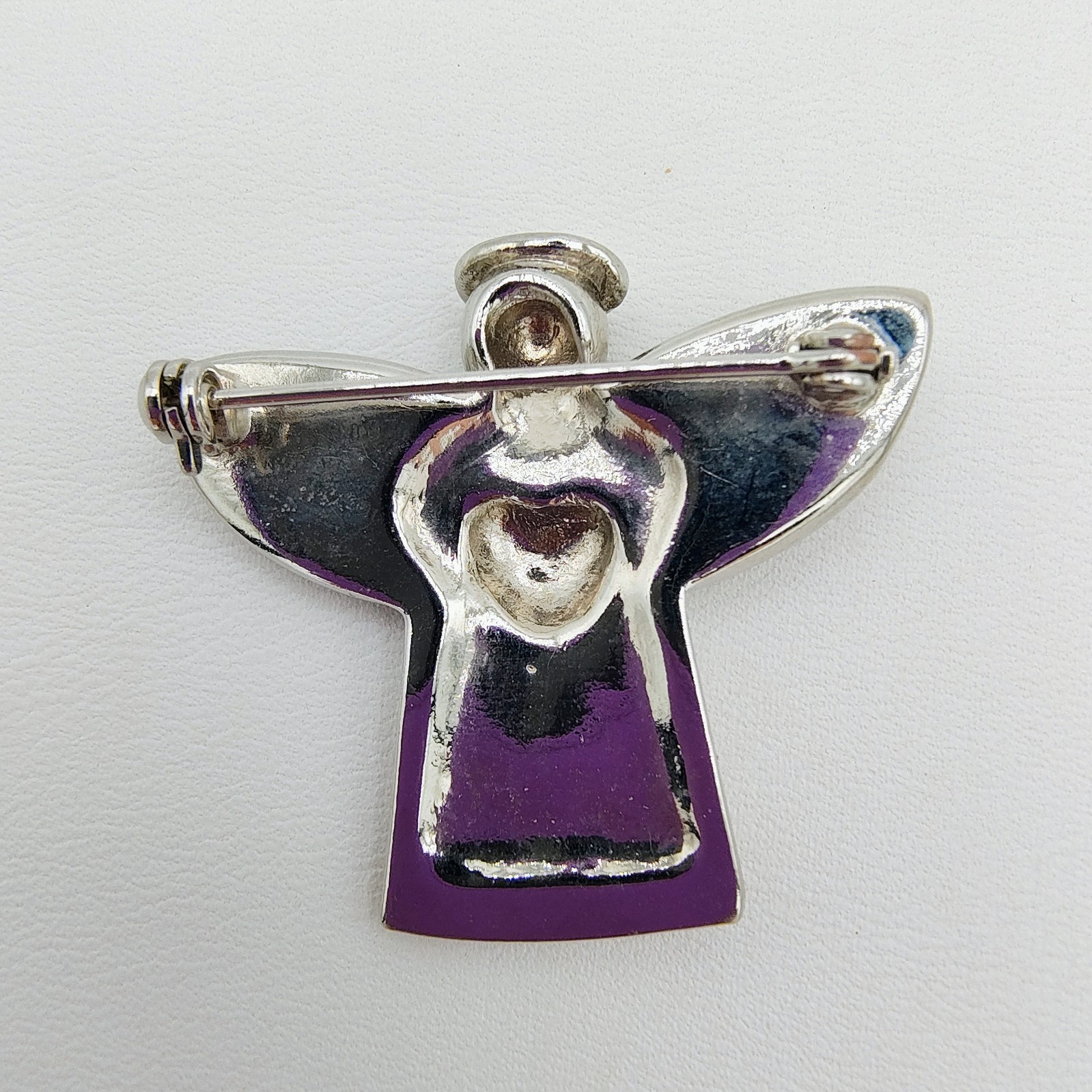 Vintage Angel Holding Heart Brooch Silver Tone Pink Rhinestone Guardian