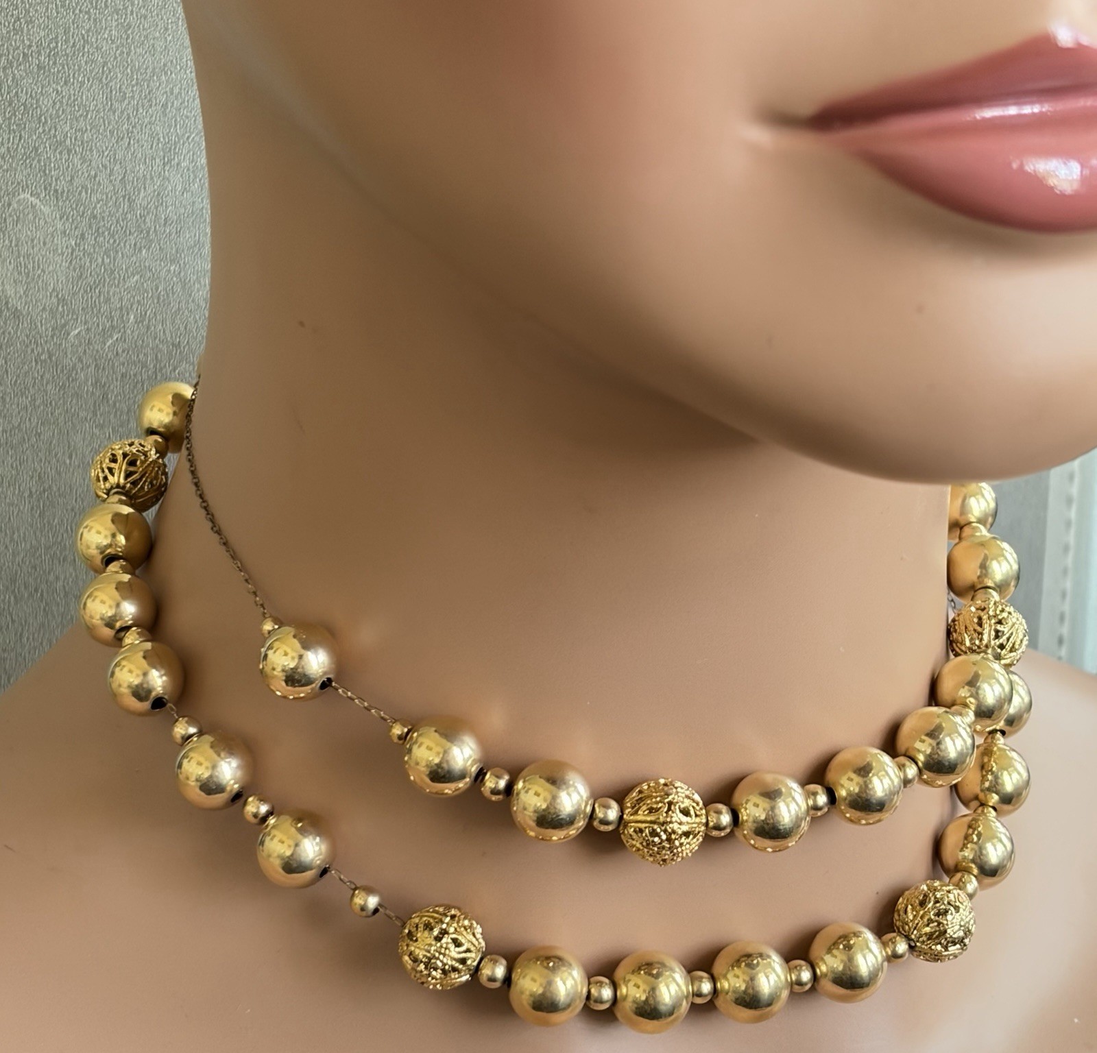 Vintage 14K GF Filigree Gold Ball Necklace Butterfly Clasp 16.5g 16” 1cm Beads