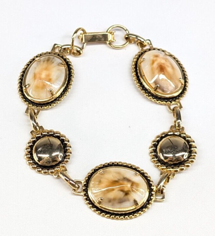 Vintage Real Seashell Shell Gold Tone Tennis Bracelet 3/4″ Wide 7″ Long