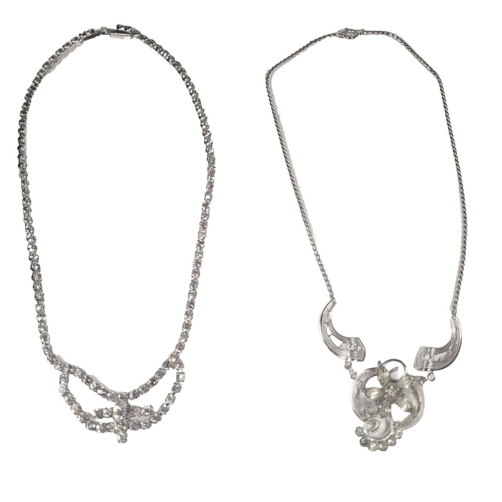 Choker Necklace Lot of 2 Silver Tone with White or Clear Rhinestones Vintage
