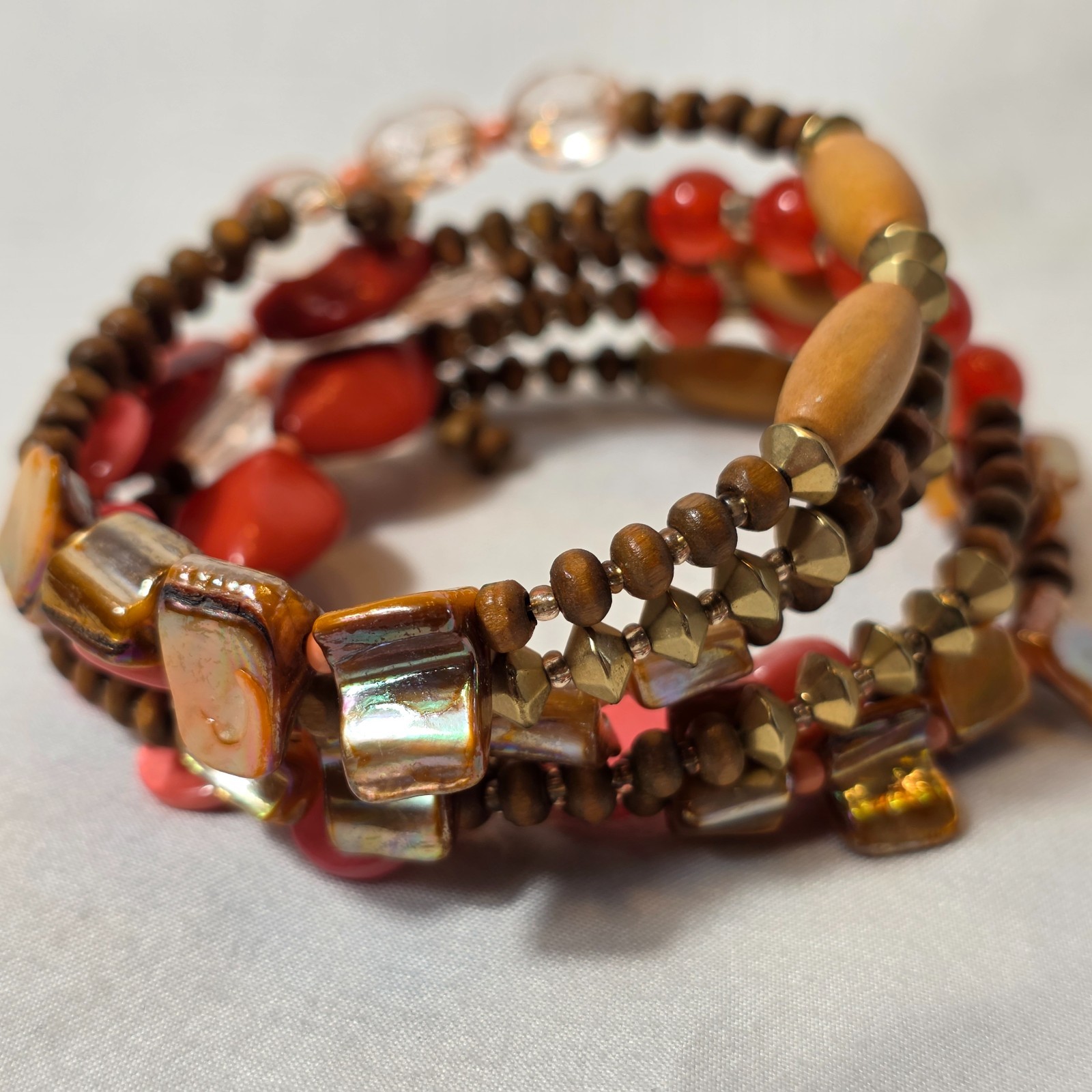 Bohemian-Style Multi-Strand Wrap Bracelet Warm Earthy Tones Wood & Glass Beads