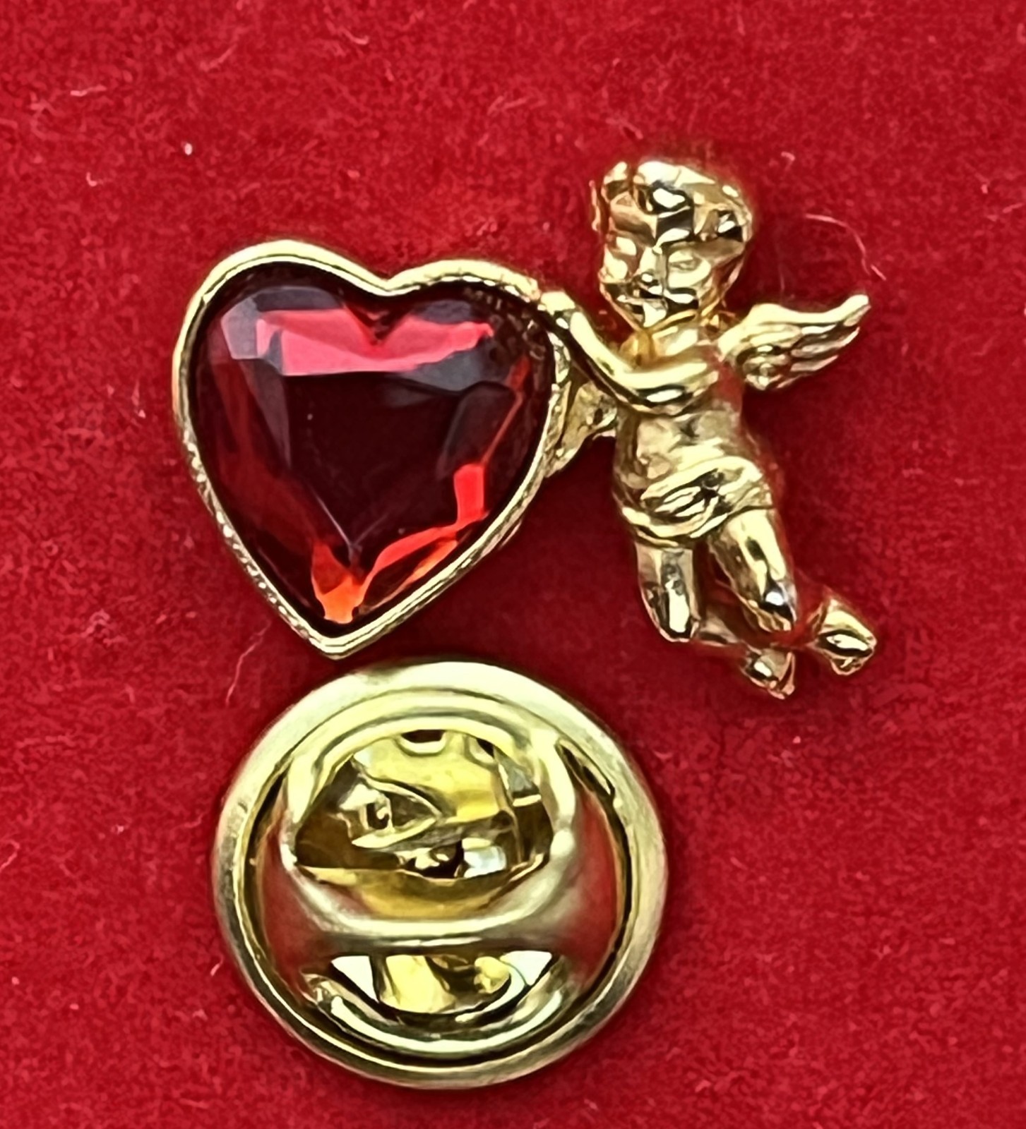 AVON Signed Huge Red Heart, Shiny Gold-tone Guardian Angel Brooch Pin.