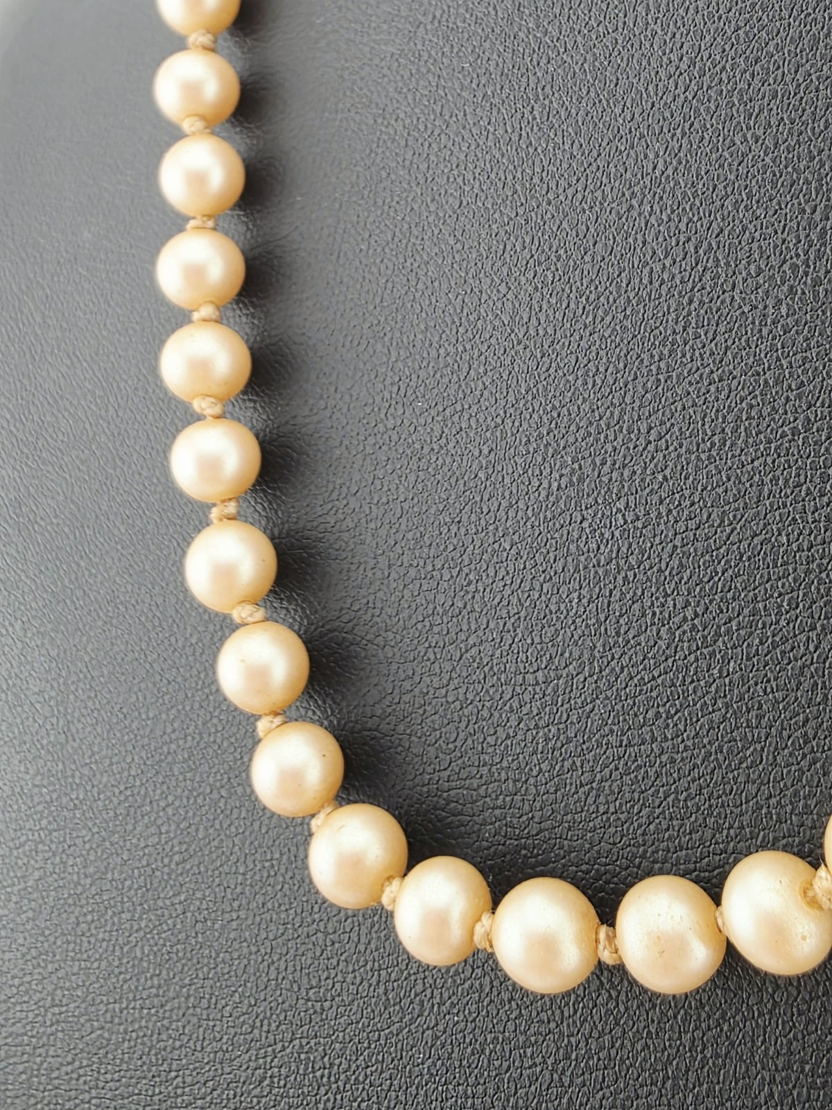 ​Vintage Hand Knotted Glass Pearl Necklace Sterling Silver Filigree Clasp 16″