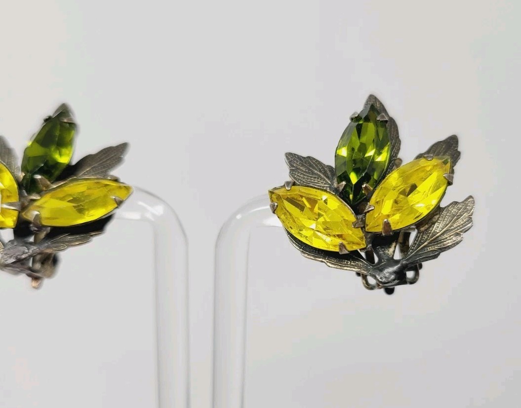 Vintage La Roco Green Yellow Rhinestone Gold Tone Earrings Clip Marquise Leaves
