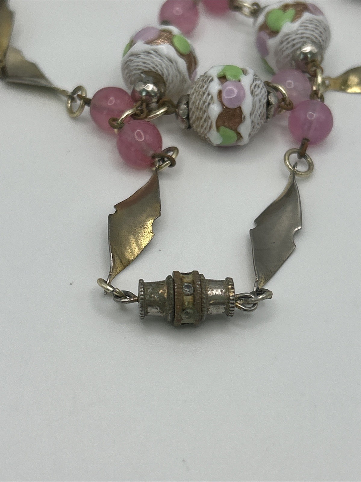 Venetian Italy Latticino Necklace Pink Green Purple White Gold Tone 1920’s VTG