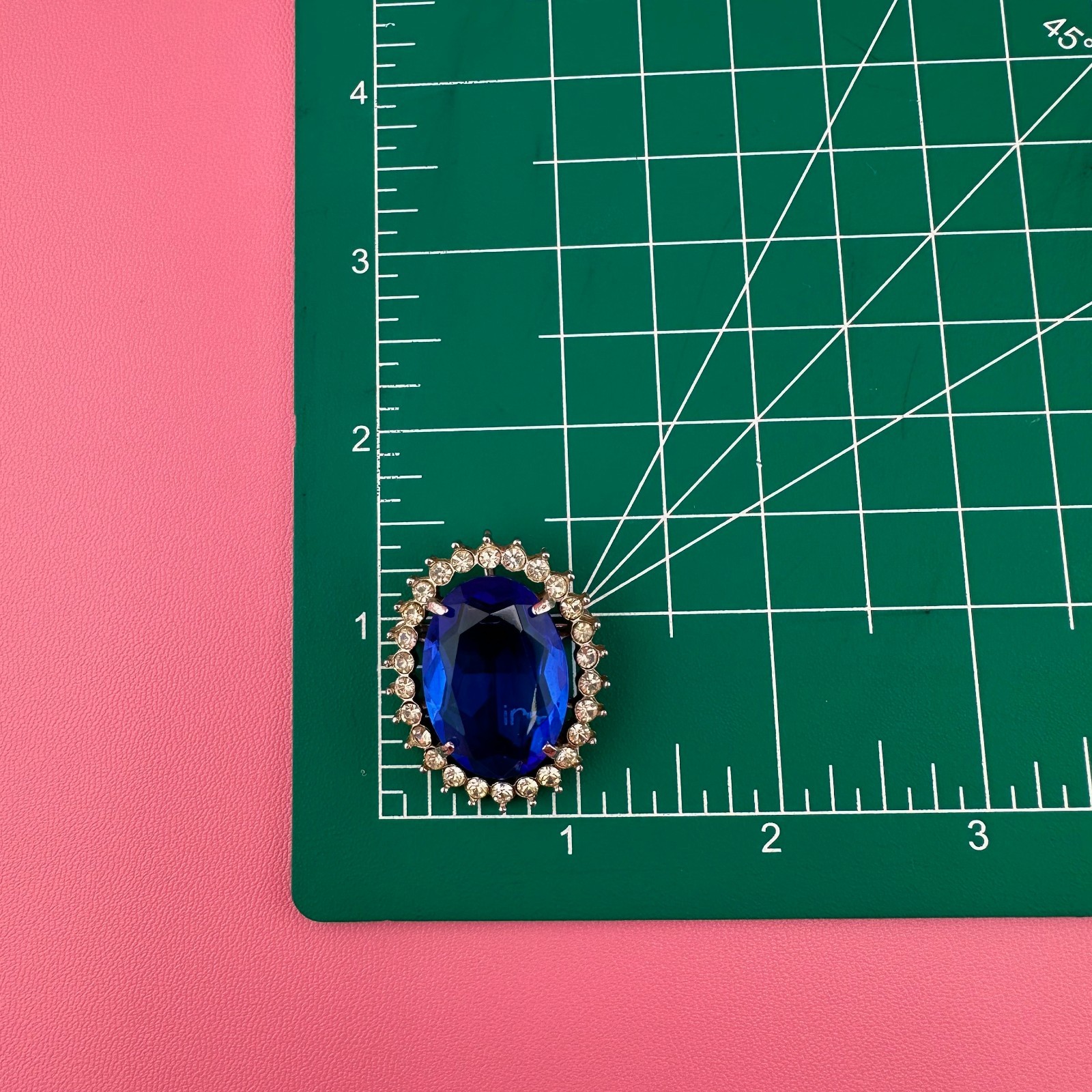 Vintage Crystal Brooch Pendant LG Blue Oval Faceted Stone Open Back Prong Set