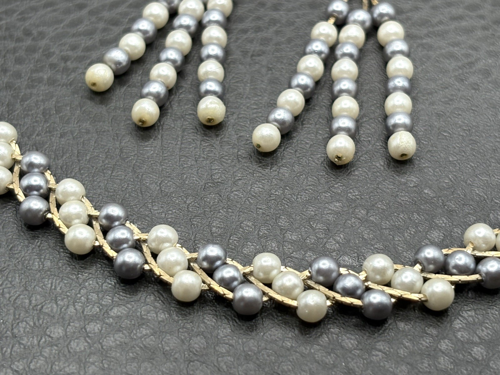 Vintage Imitation Pearl Gold Tone Necklace Pierced Dangle Fringe Earrings Set