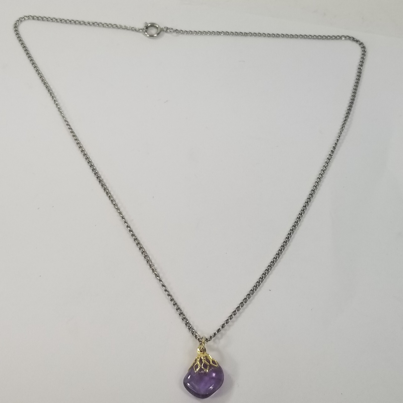 Vintage Gold Tone Purple Glass Cabochon Pendant & Silver Tone Necklace Chain