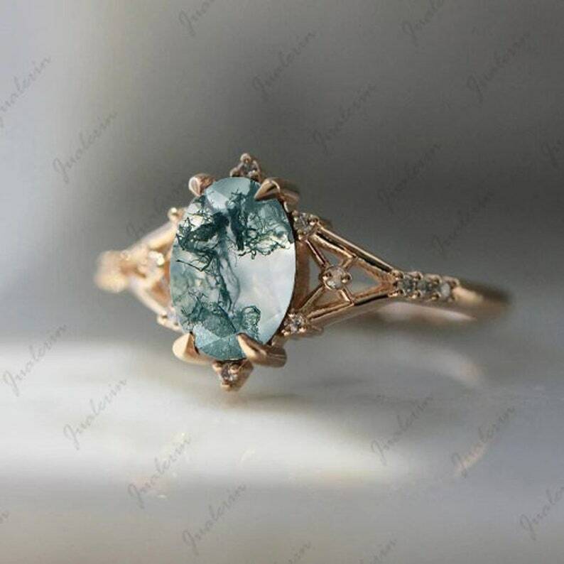2pc Moss Agate Engagement Ring 14K Gold Plated Sterling Silver Ring Gift For Her