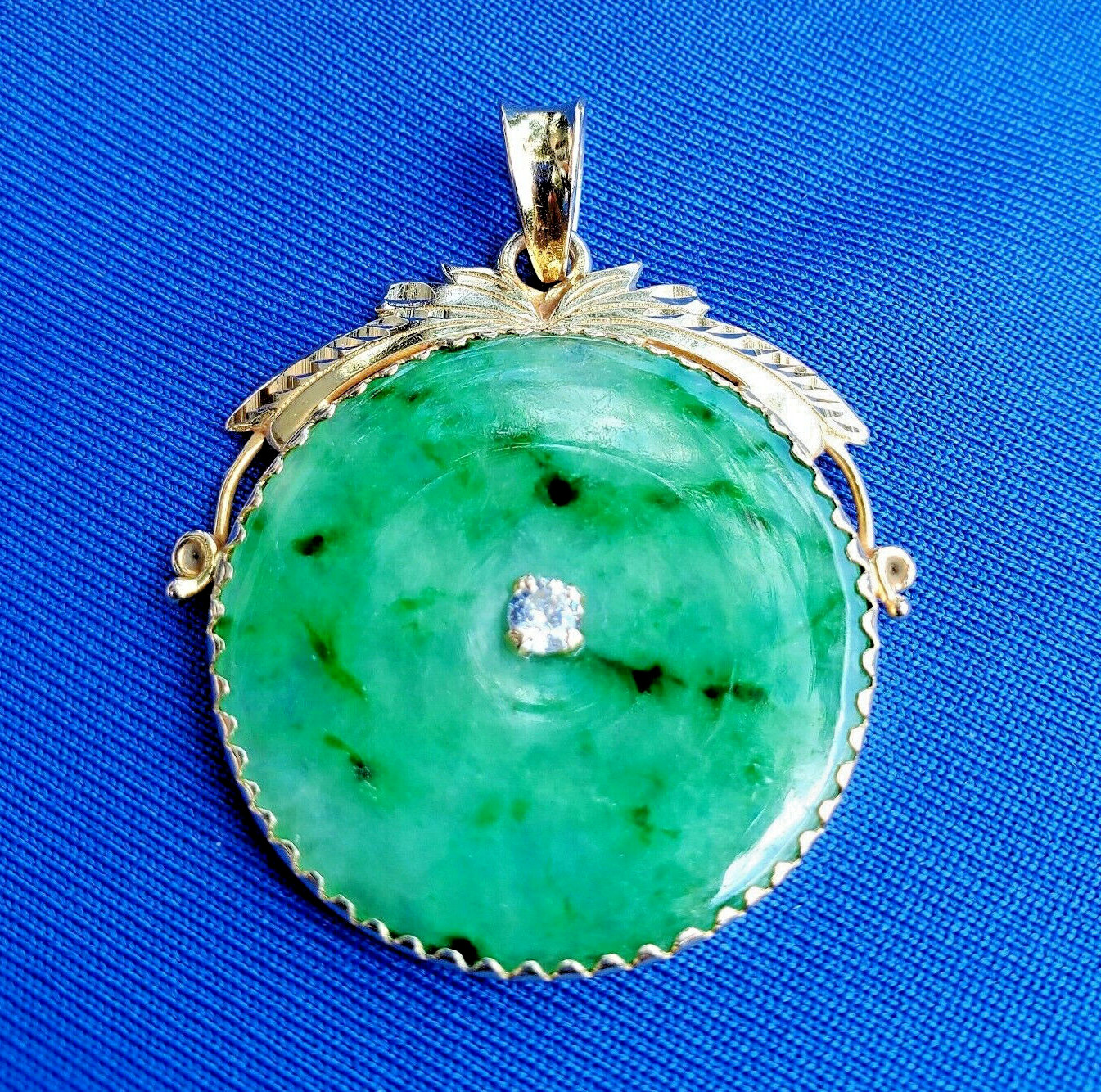 EARTH MINED Green Jadeite JADE DIAMOND Vintage Deco Pendant 14K GOLD Medallion