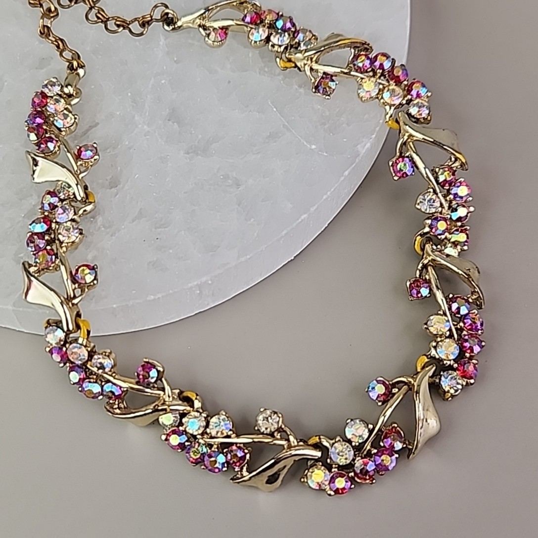 Vintage BSK Rhinestone Necklace AB Red Gold Tone Choker 16″