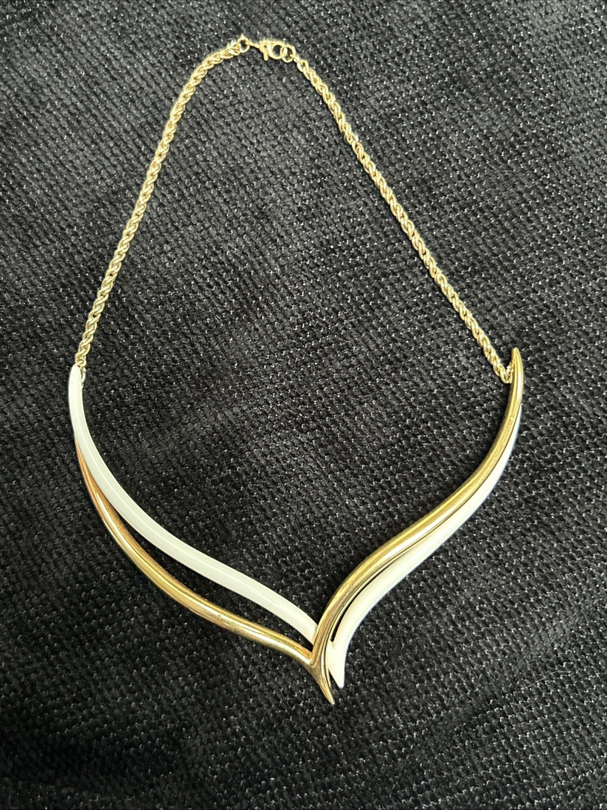 Vintage Monet Double V Neck Swirl Choker Necklace Two Tone Gold Off White Signed