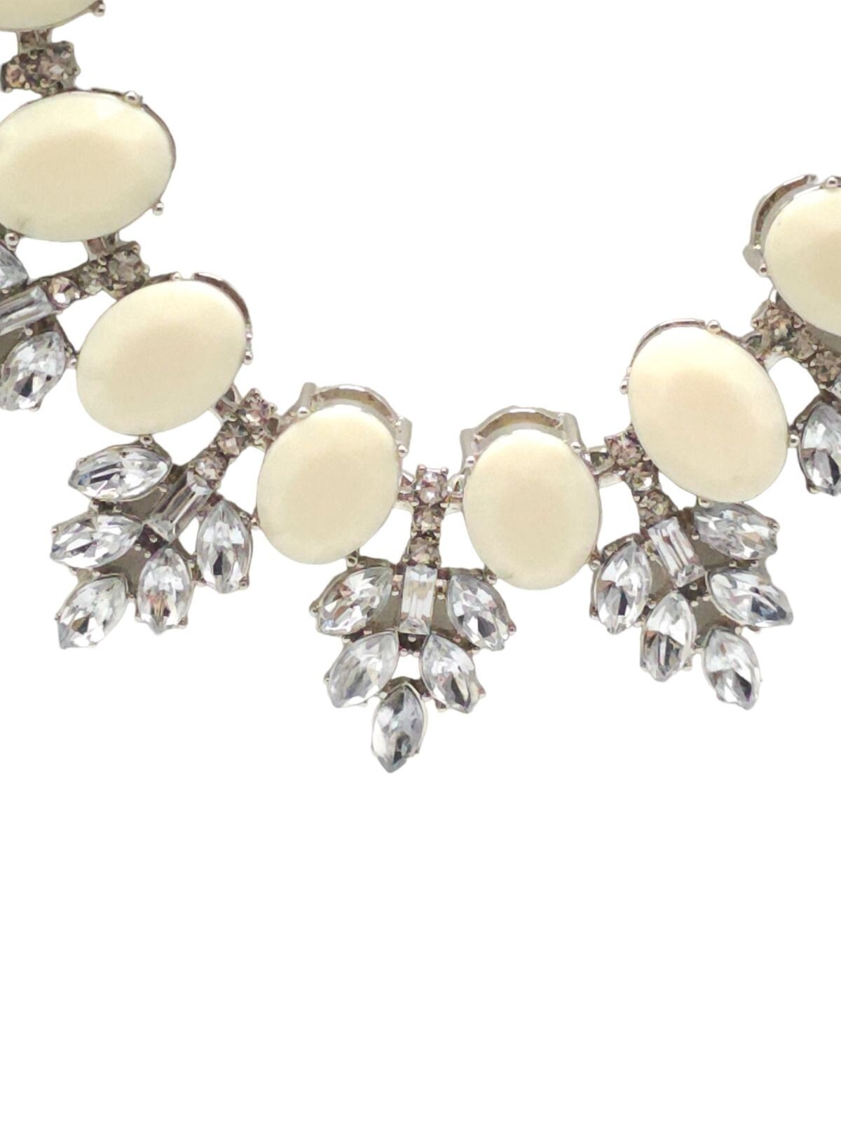 Cream Acrylic Marquise Crystal Statement Necklace Silver Tone Vintage