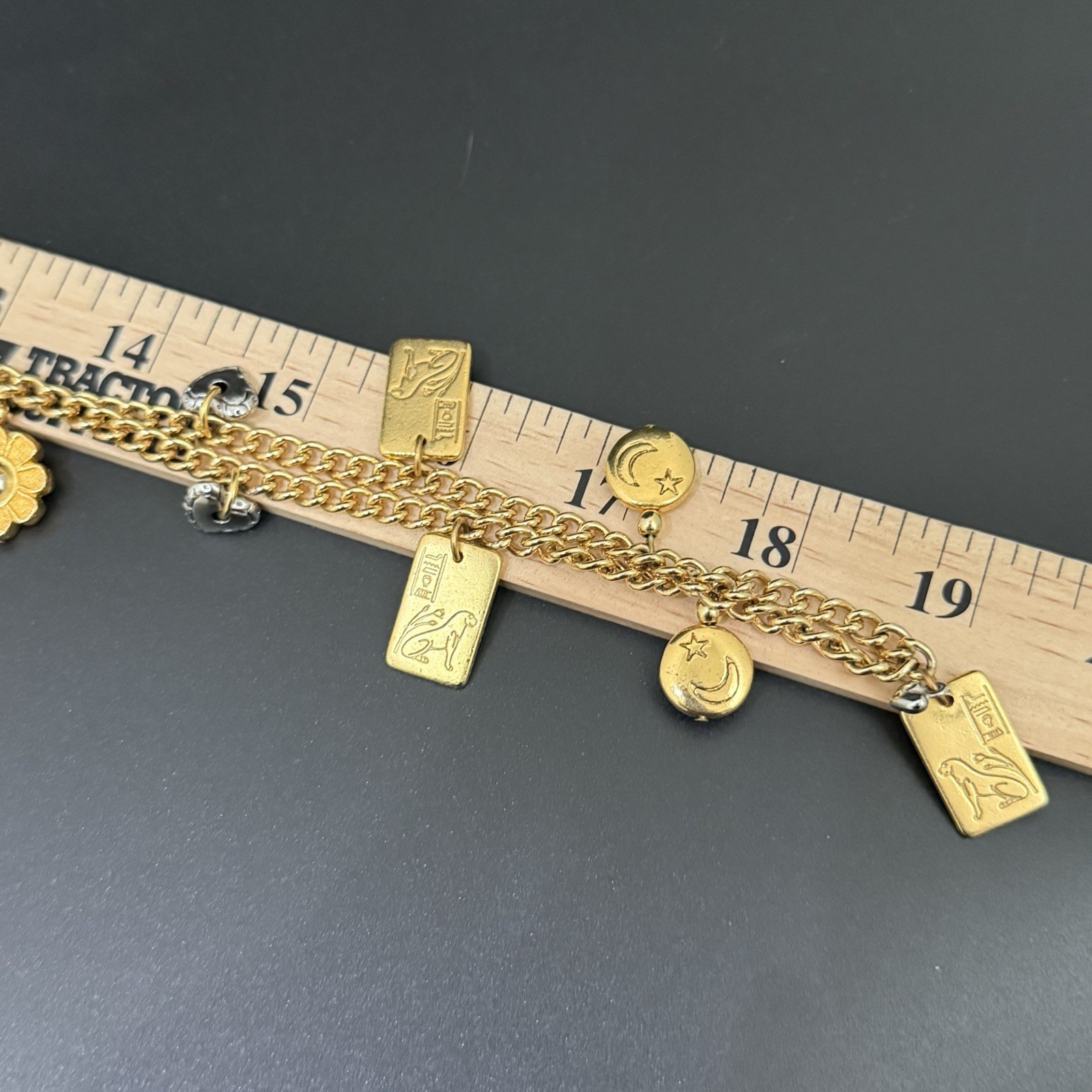Vintage LCI Liz Claiborne Gold-tone Tarot Flower Star Moon Charm 38”Necklace 83g