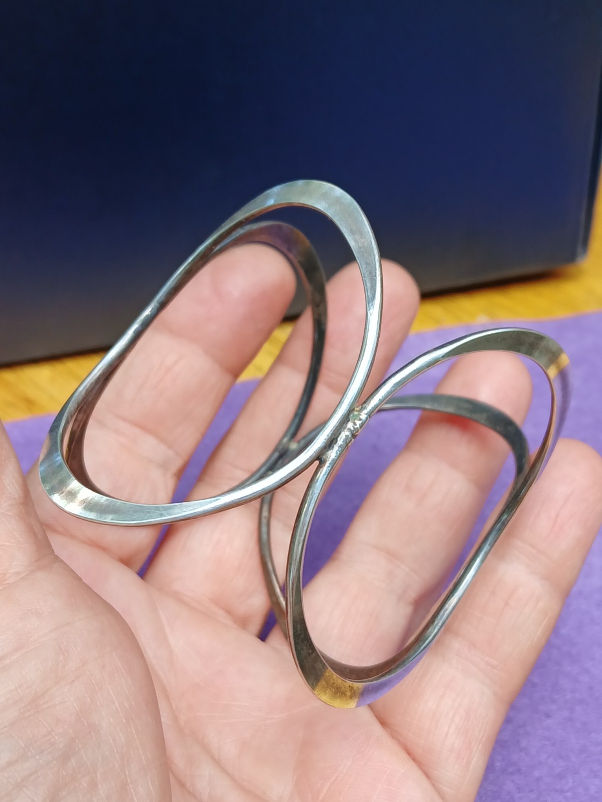 Vintage Geometric Ovals Sterling Silver Bangle Bracelet Modernist Design Art