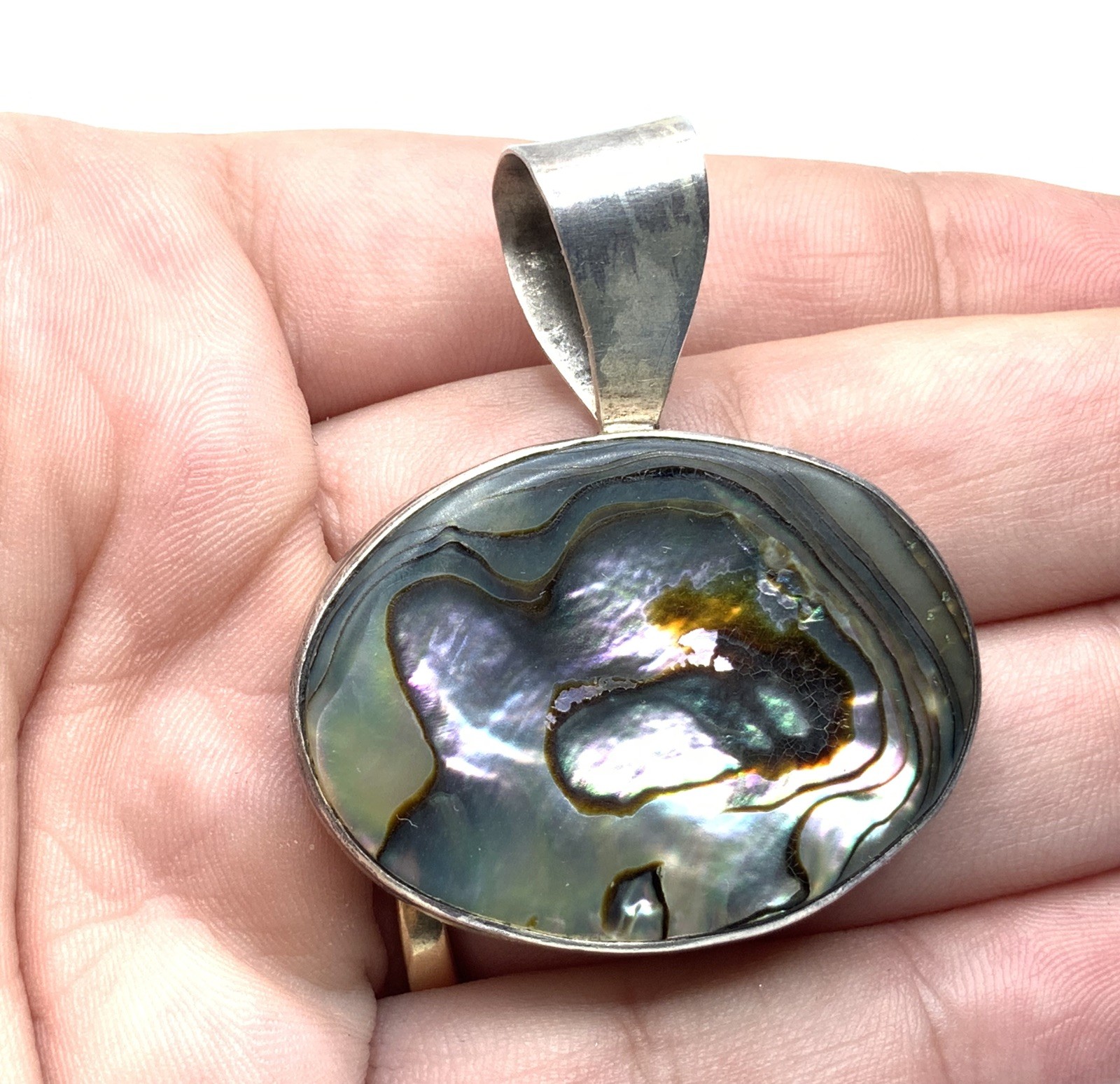 Vintage ATI Mexico 925 Sterling Silver Oval Abalone Shell Drop Pendant – 15.9g