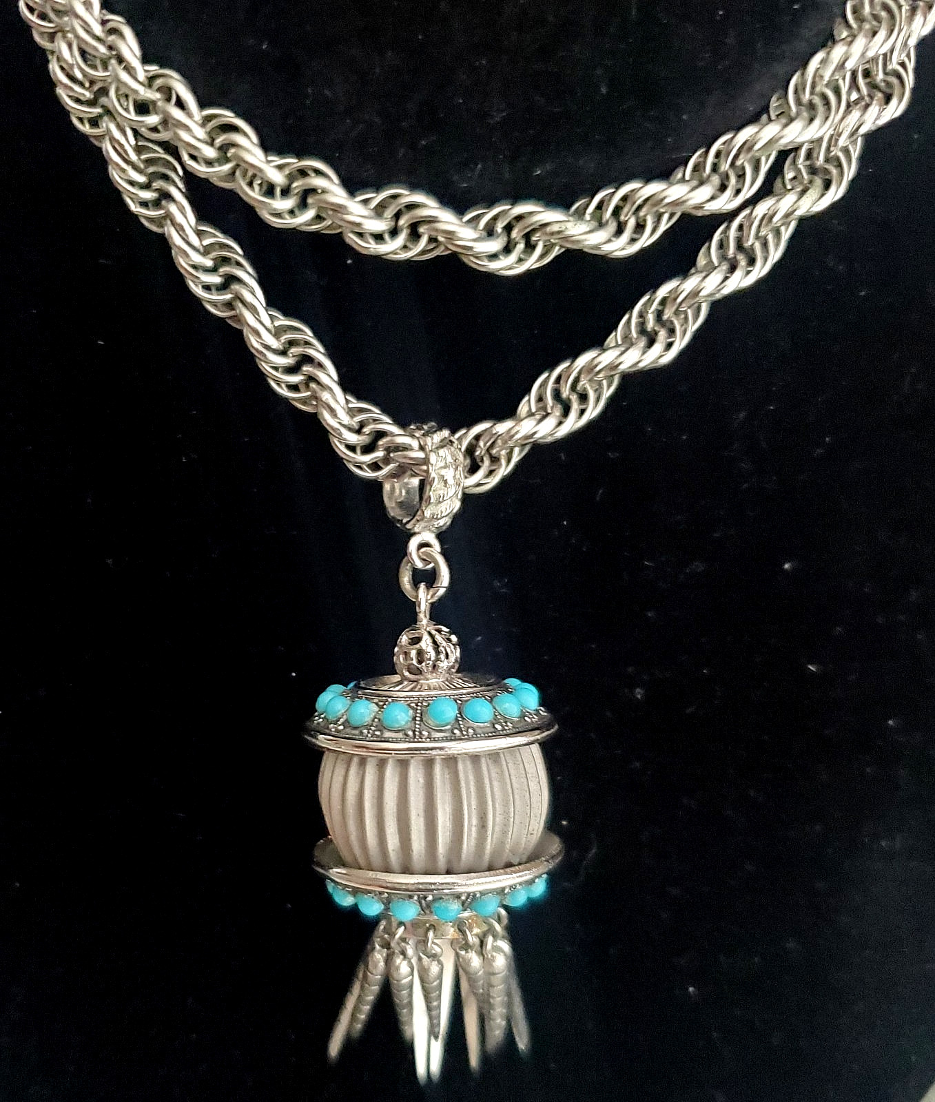 Vintage Victorian Revival Lantern Tassel Turquoise Glass Pendant Necklace