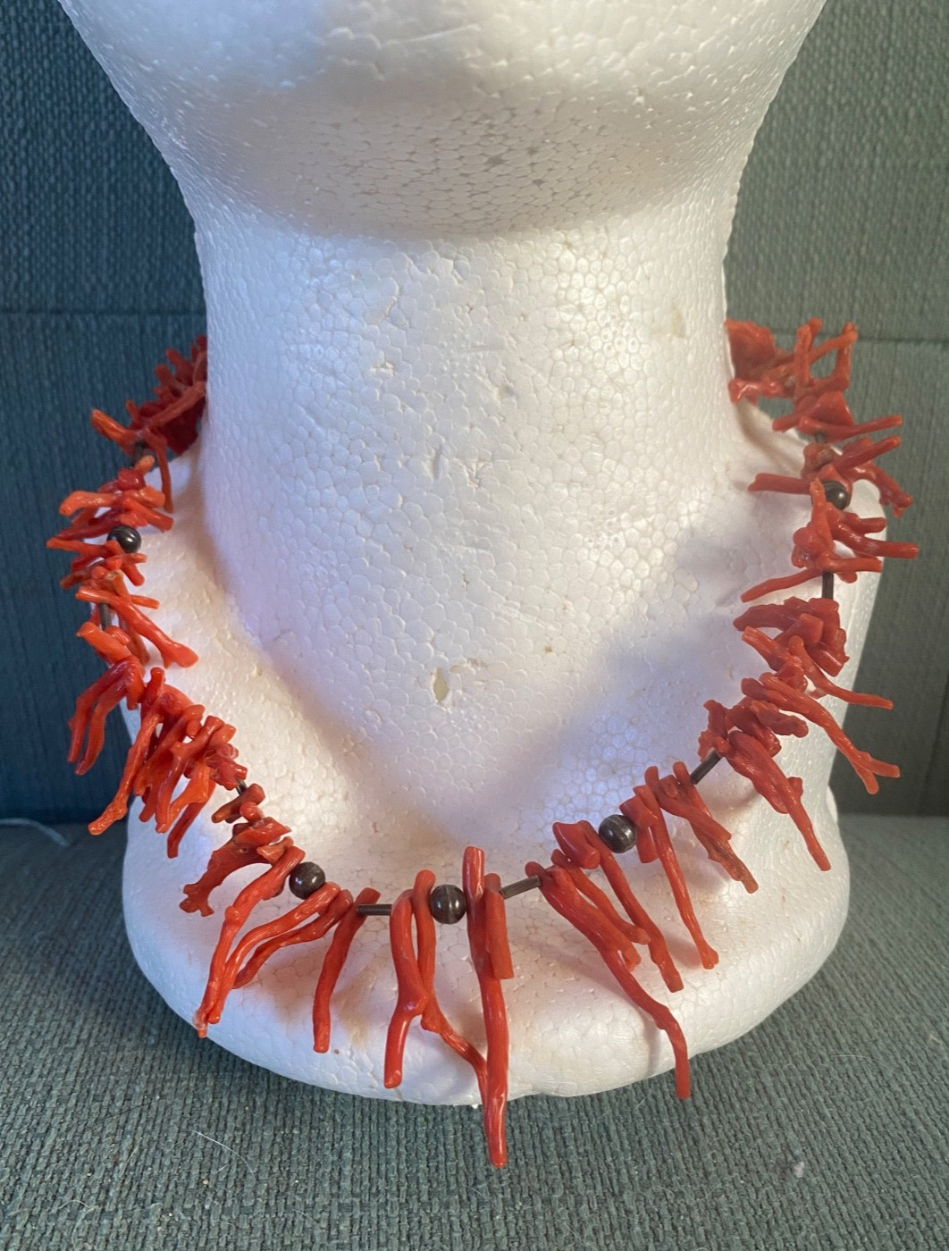 Vintage 1970’s Natural Branch Red Coral Necklace w Silver? Metal Beads 18″