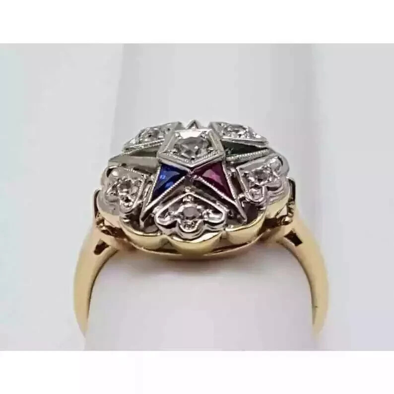 Eastern Star Multi-Color Lab Created Diamond 14K Gold FN Art Deco Wedding Ring