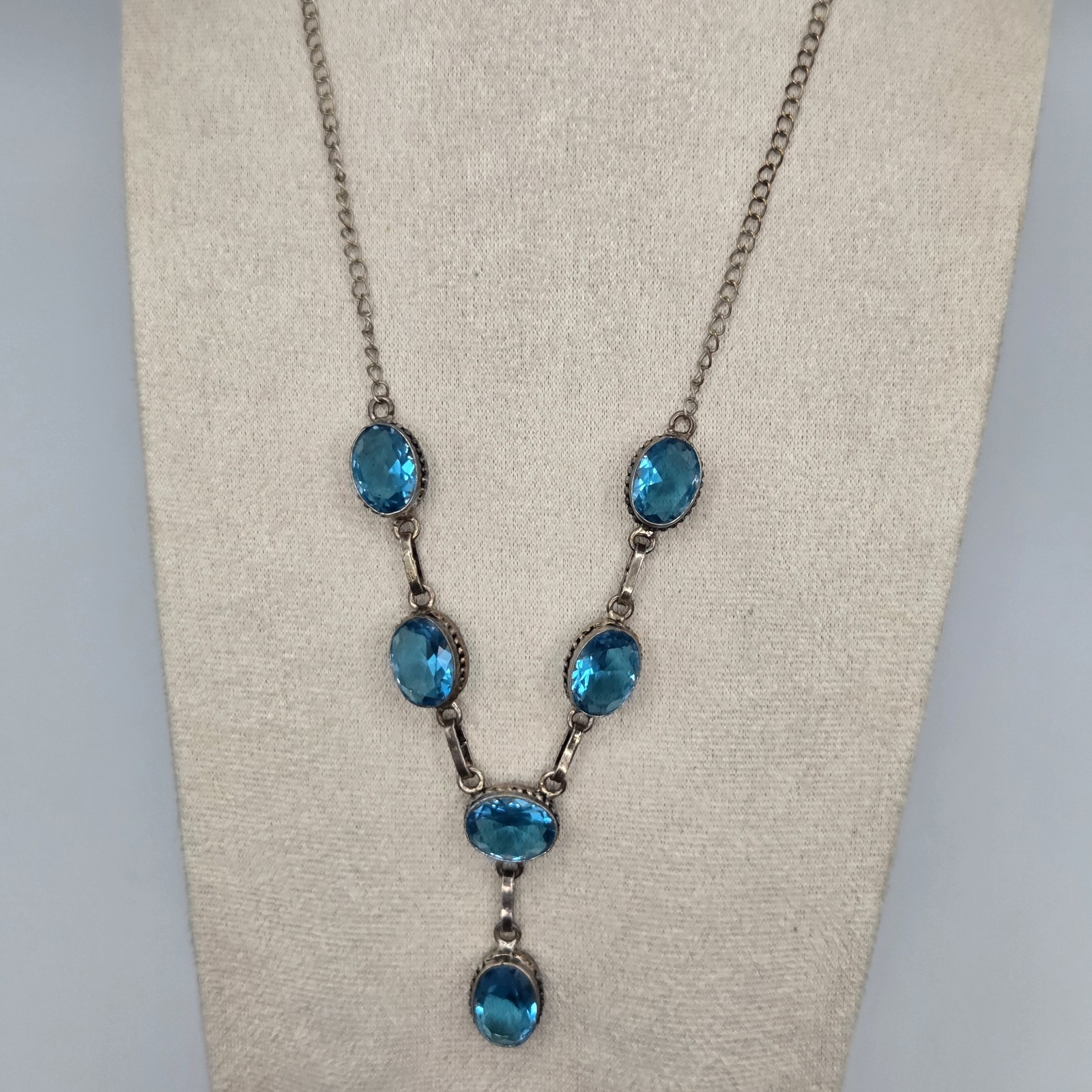Stunning Vtg 925 Sterling Silver Blue Glass Festoon Y-Necklace 20″+ 1.5″ Drop