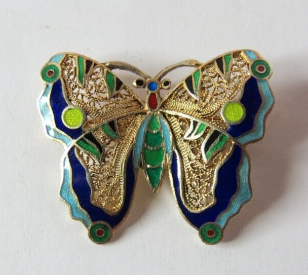 VTG ENAMEL 925 STERLING SILVER GOLD PLATED MULTICOLOR BUTTERFLY PIN BROOCH