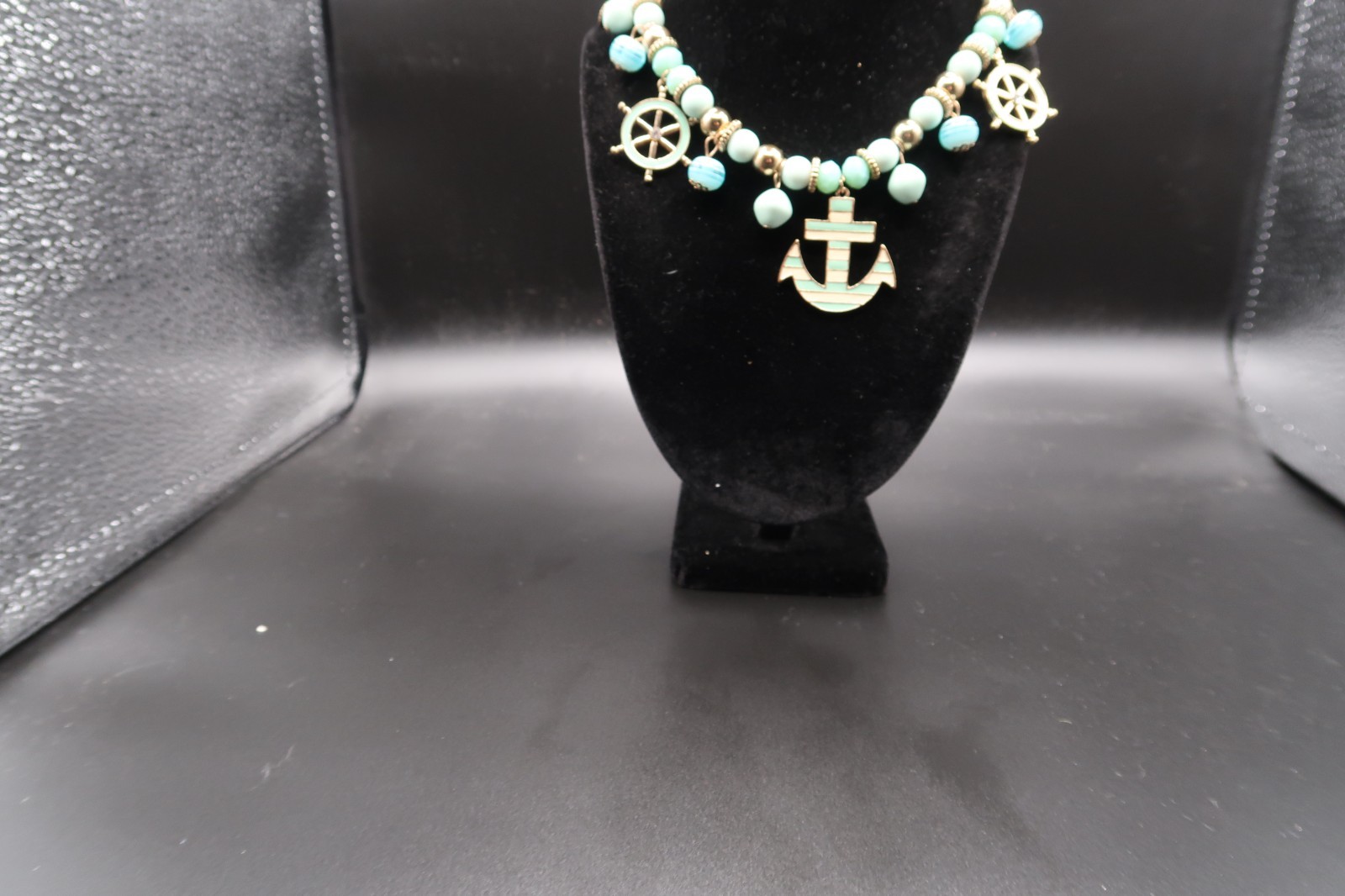Vtg Nautical Beaded Charm Station Necklace Anchor Ship Wheel Teal & White Enamel