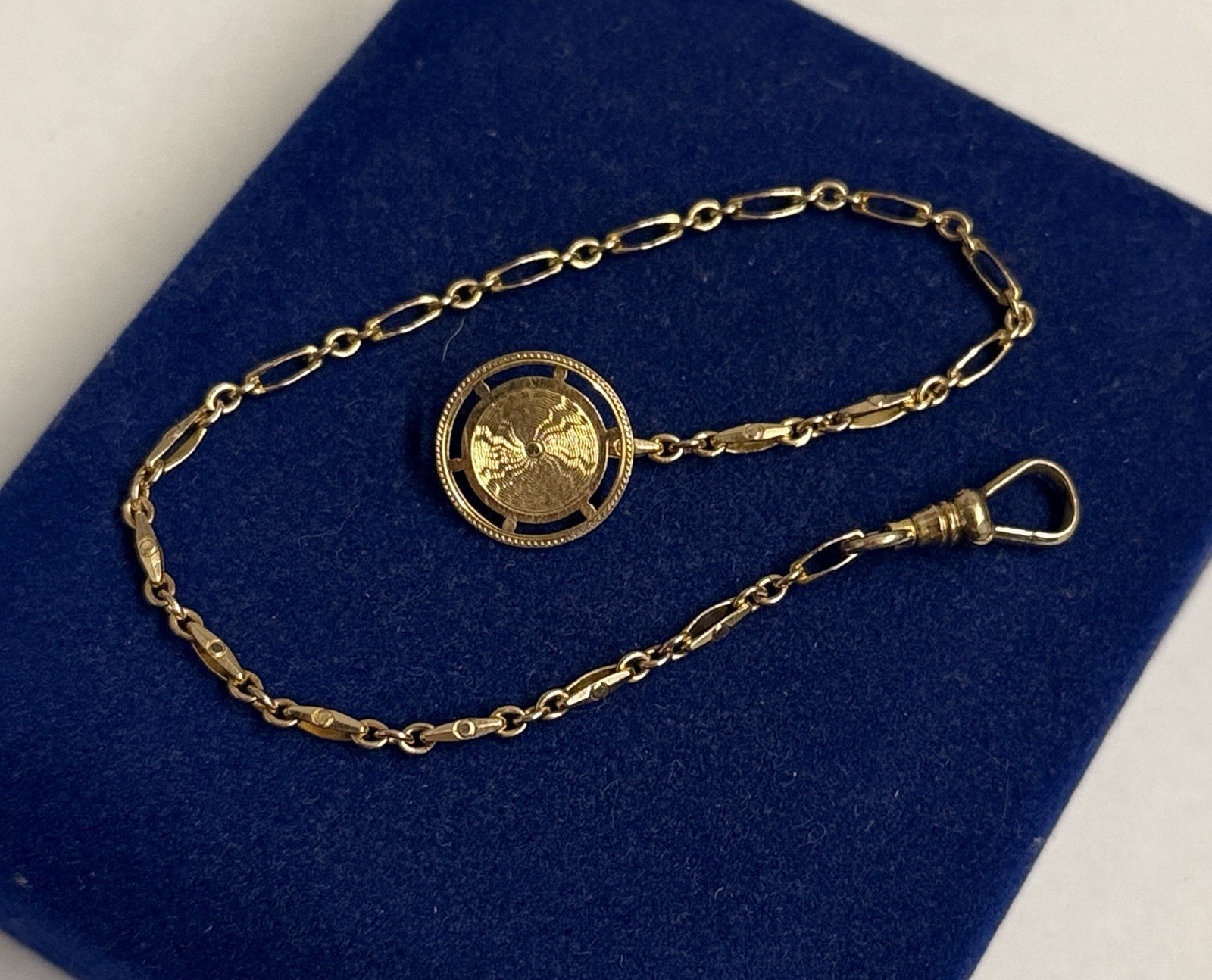 CLEAN Gold filled fob Button DetailBar Link chain Vtg Gf 8” Victorian 2.3mm 3.9g