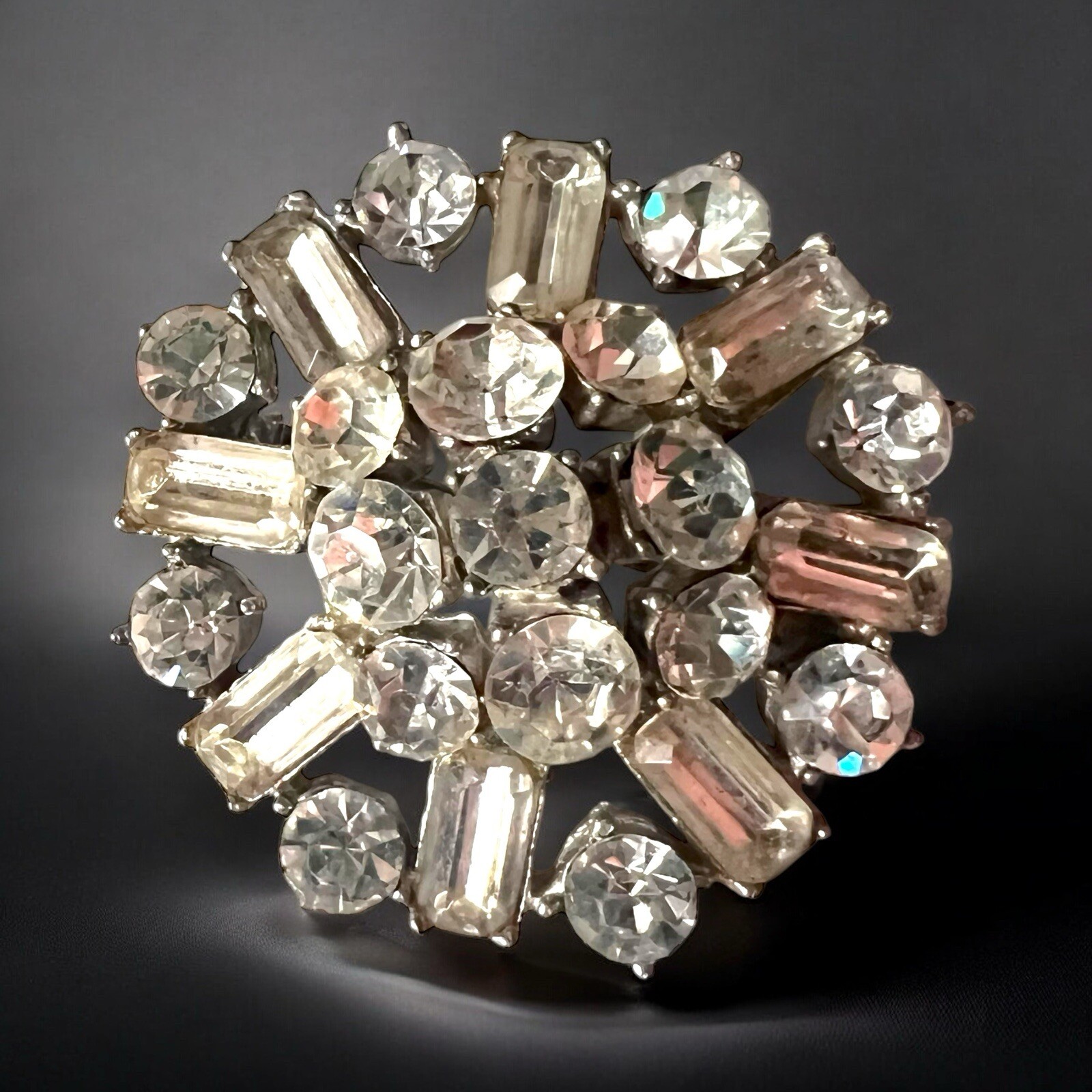 Large Starburst Rhinestone Brooch Vintage Atomic Domed Baguette Pin Vintage