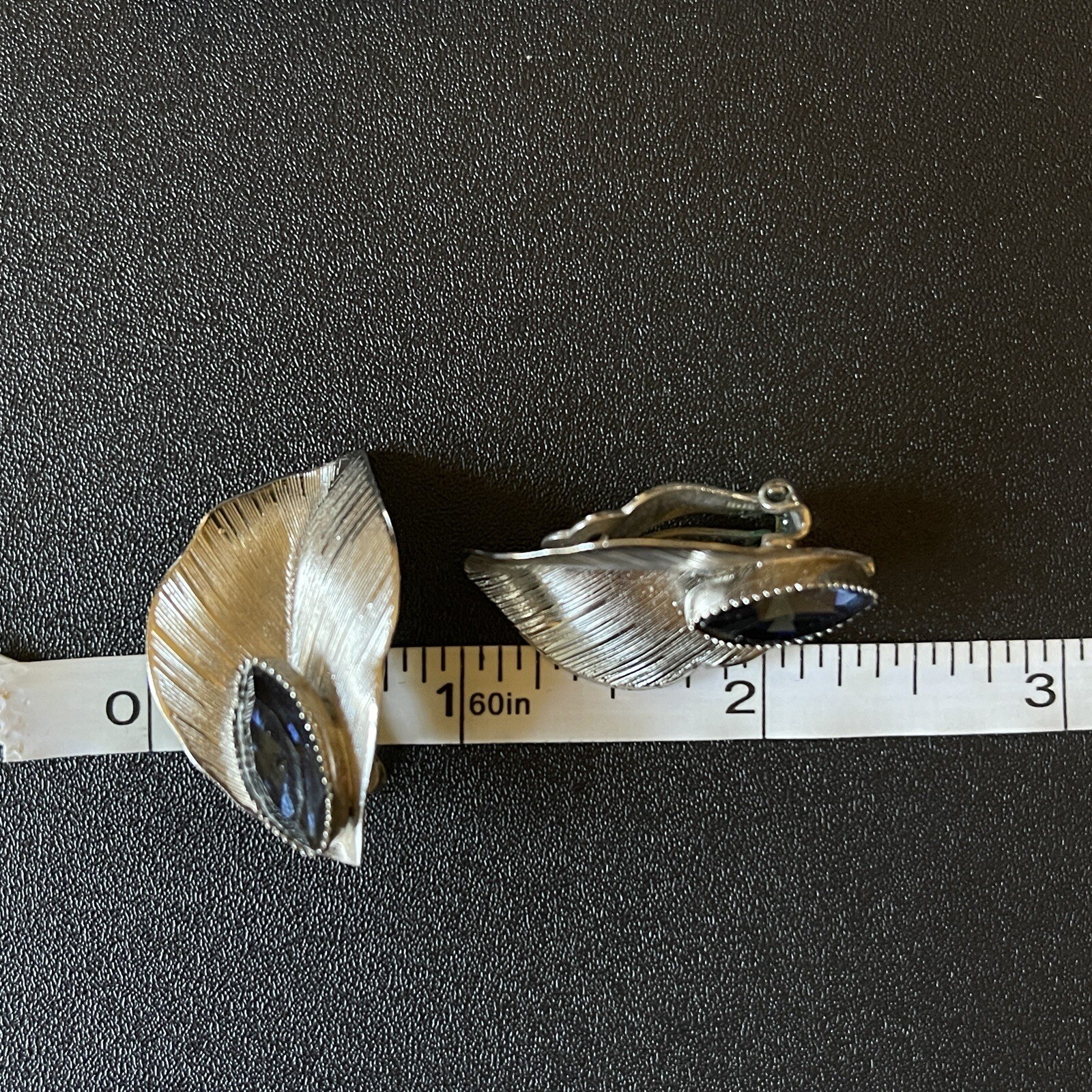 Vintage Whiting & Davis Silver Tone Leaf Clip On Earrings Blue Navette Crystal
