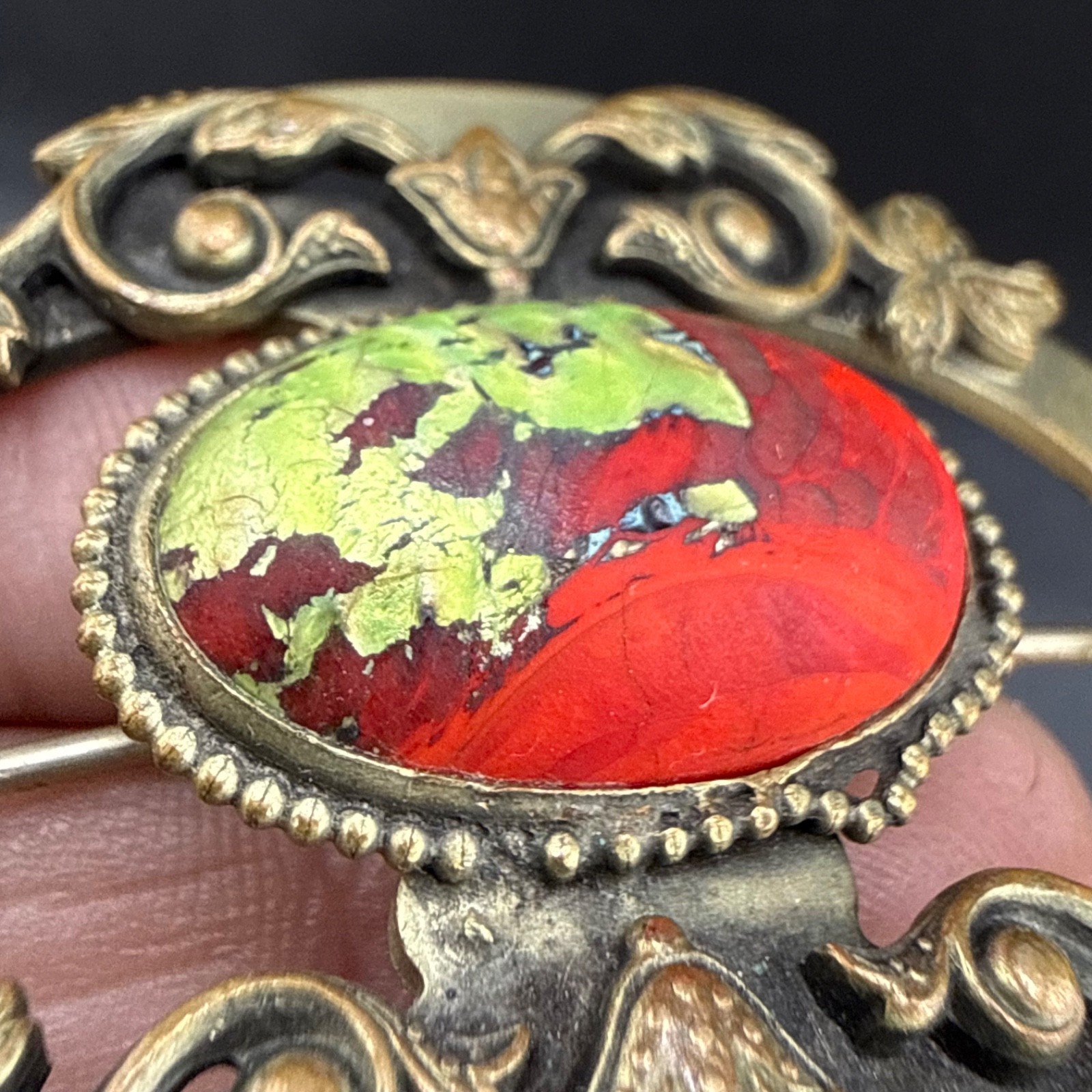 Vintage Victorian Czech Foil Art Glass Brooch Sash Pin Red Green