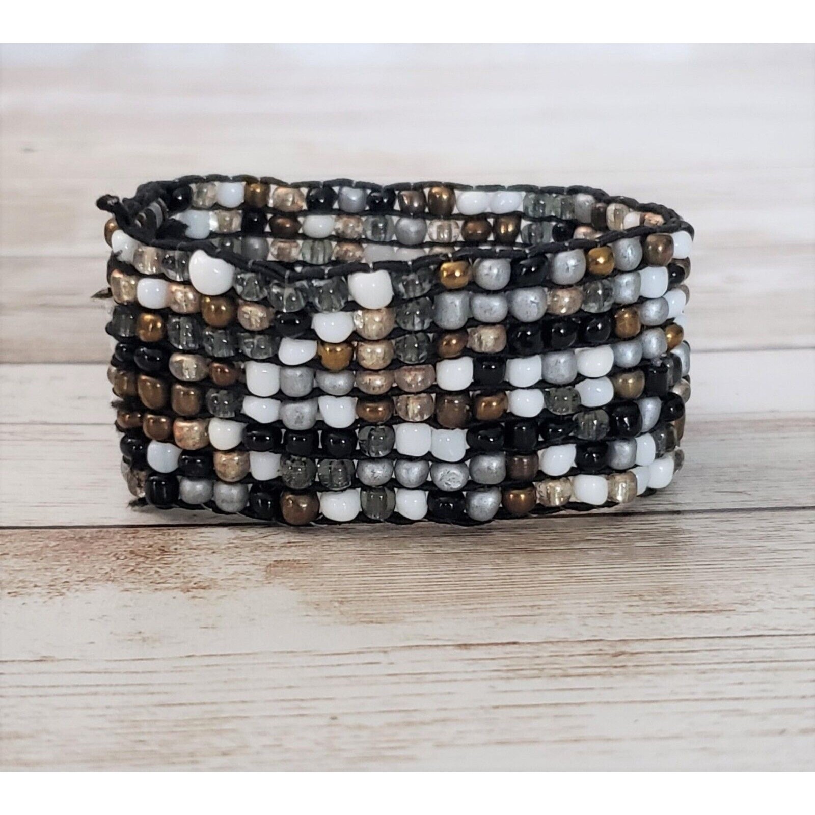 Vintage Beaded Bracelet Black, White & Brown Tones. Wide Chunky Statement