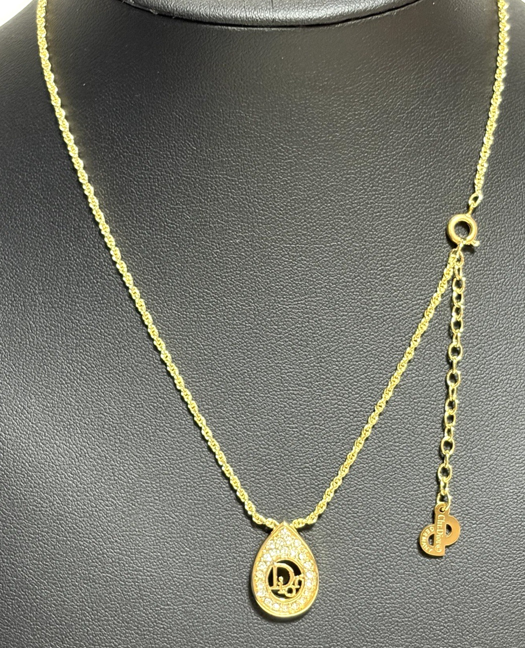Christian Dior necklace pendant with CD logo rhinestones gold plated teardrop