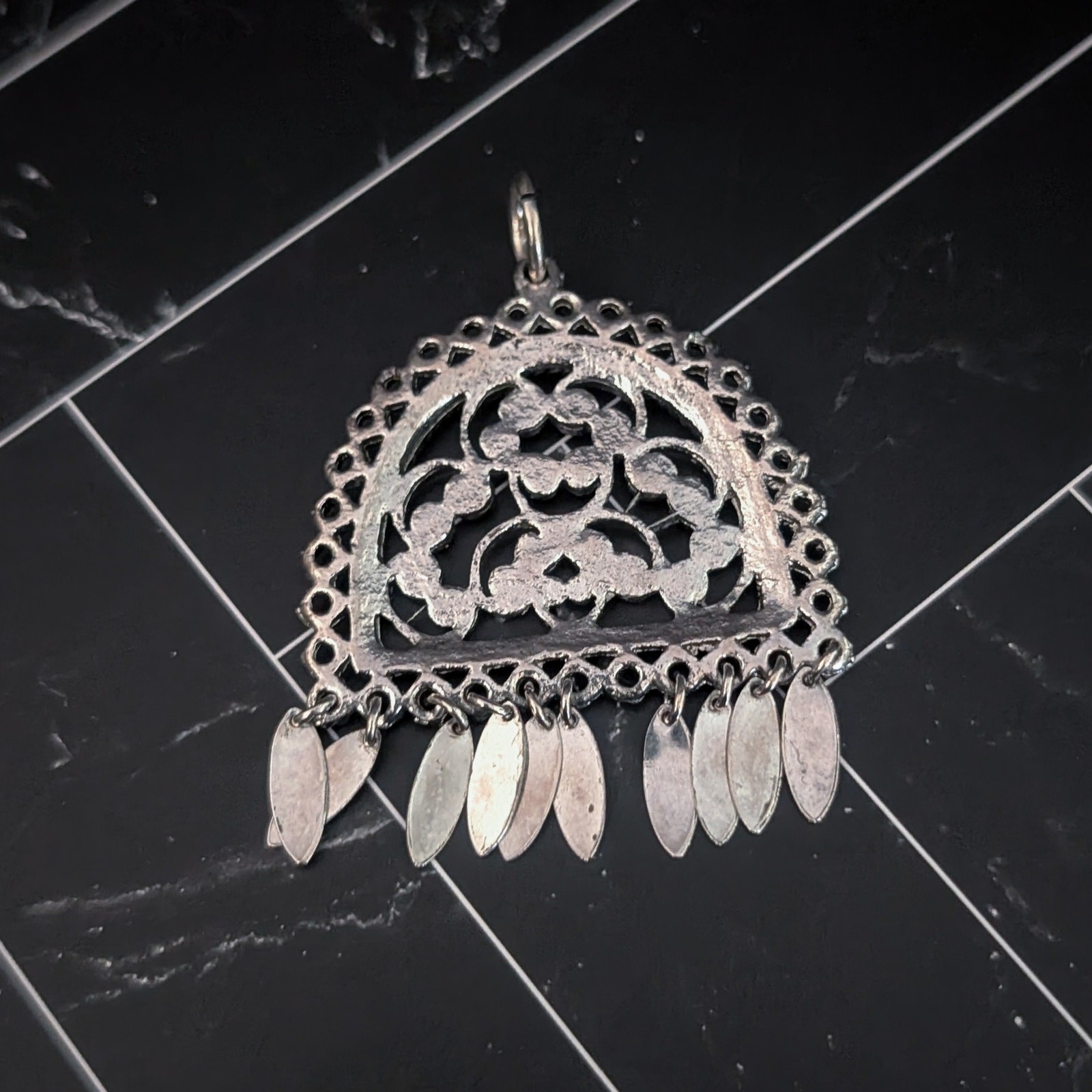 Vintage Pendant Large Ornate Silver Tone – No Chain Included – Dangle Missing
