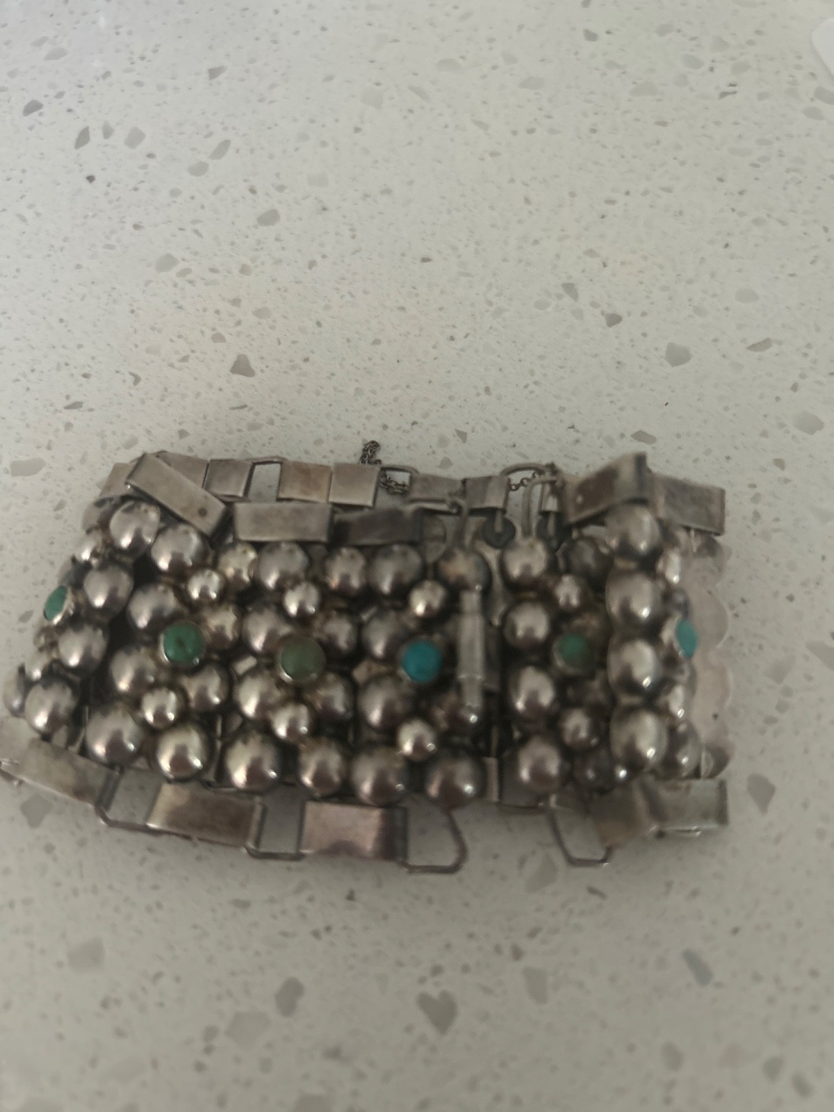 Vintage Silver Mexican Modernist Caviar Link Bracelet W/Small Cabochon Turq Ston