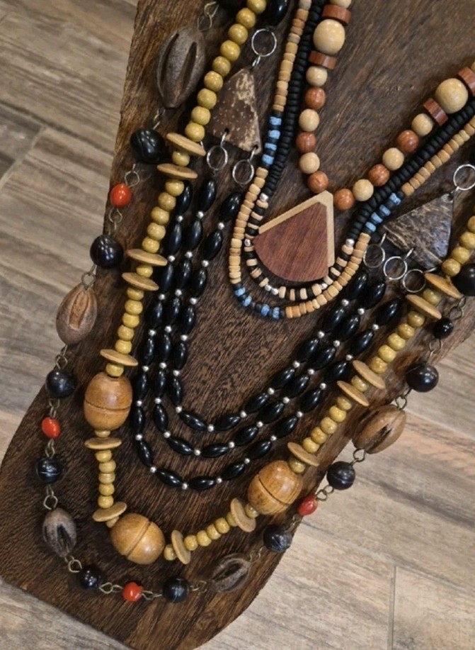 Vintage Wood & Mixed Metal Beaded Necklaces, Set of 6