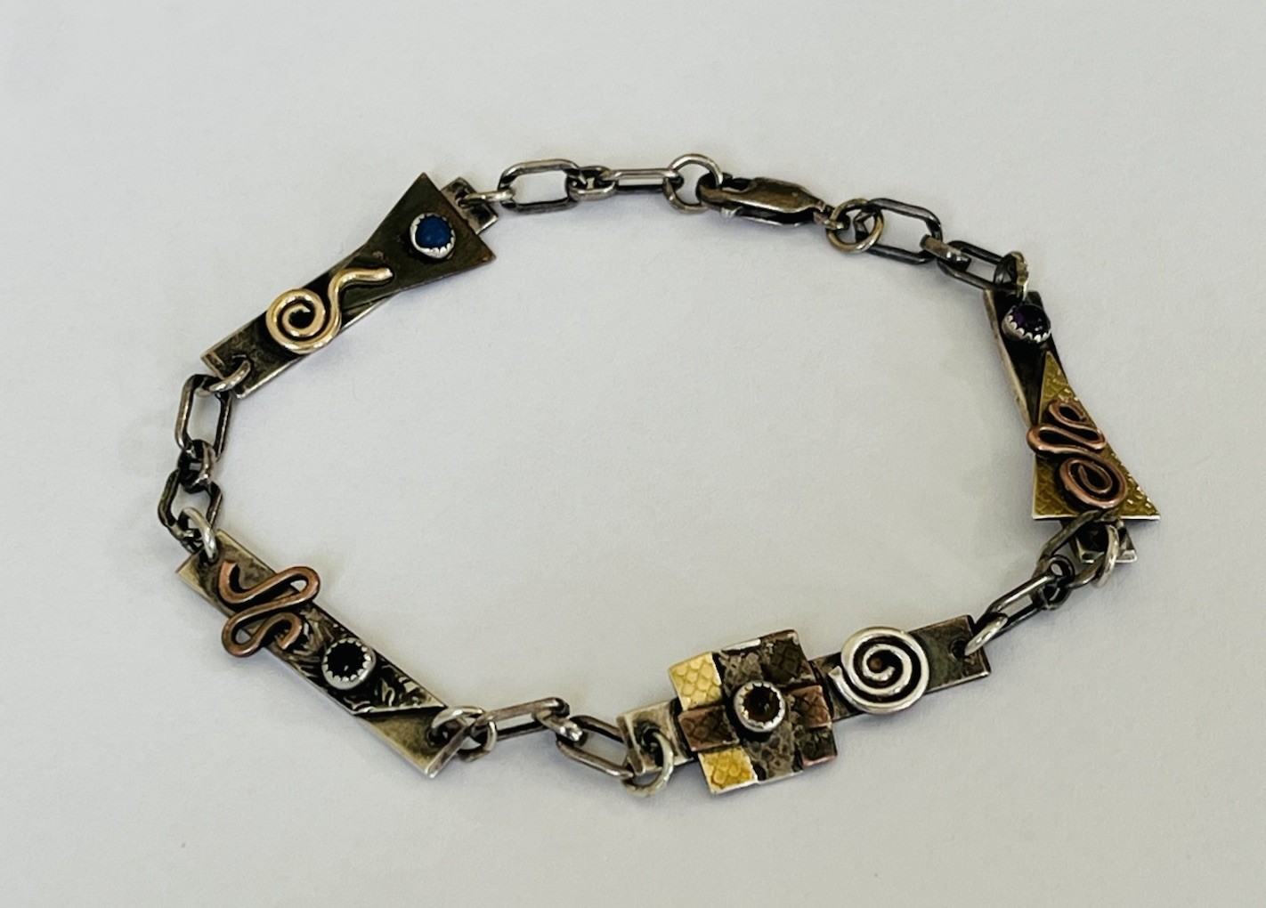Vintage Signed MA Modernist Mixed Metal Sterling Silver Stone Link Bracelet