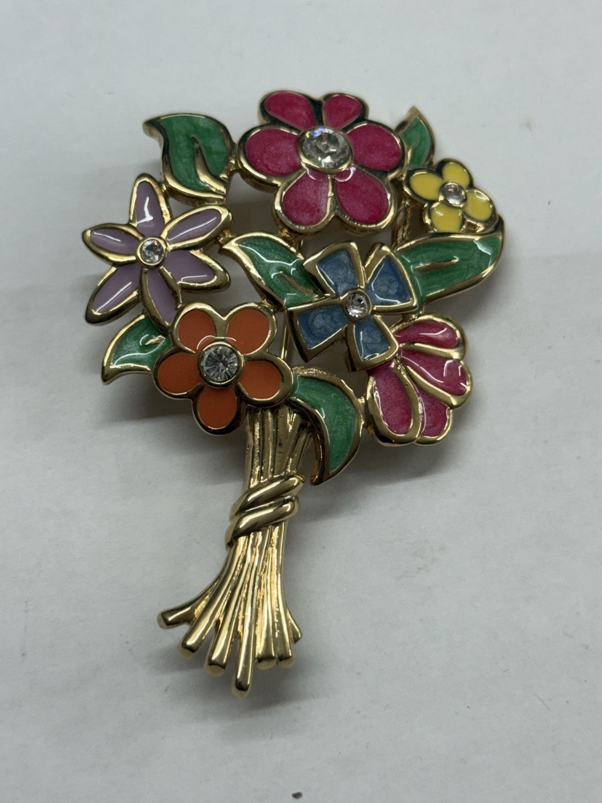 HUGE Roland Pink Blue Purple Enamel Gold Tone Rhinestone Flower Bouquet Brooch