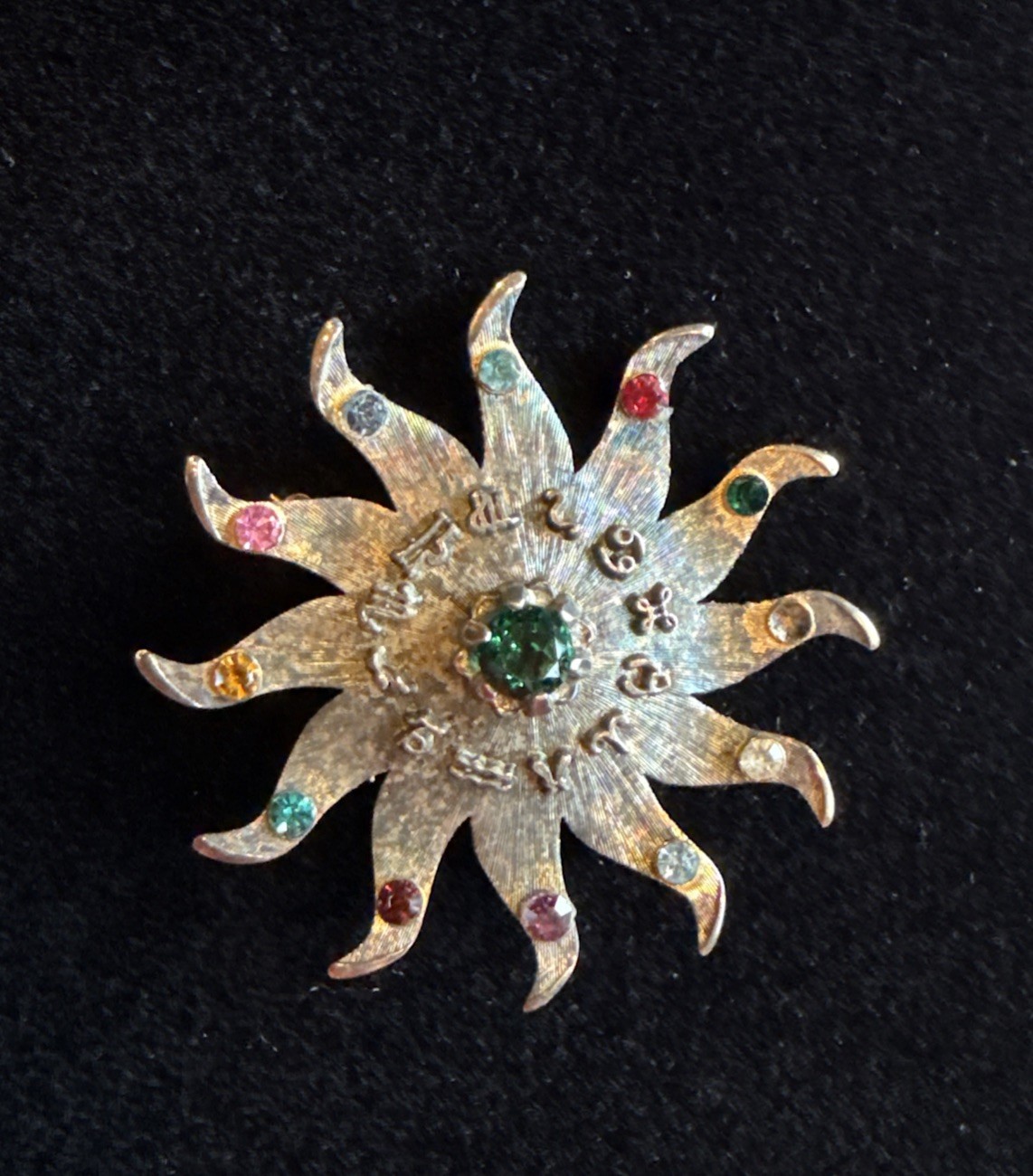 VTG Sterling Silver Brooch Sun Astrology Zodiac Birthstones Pin Month May Stone