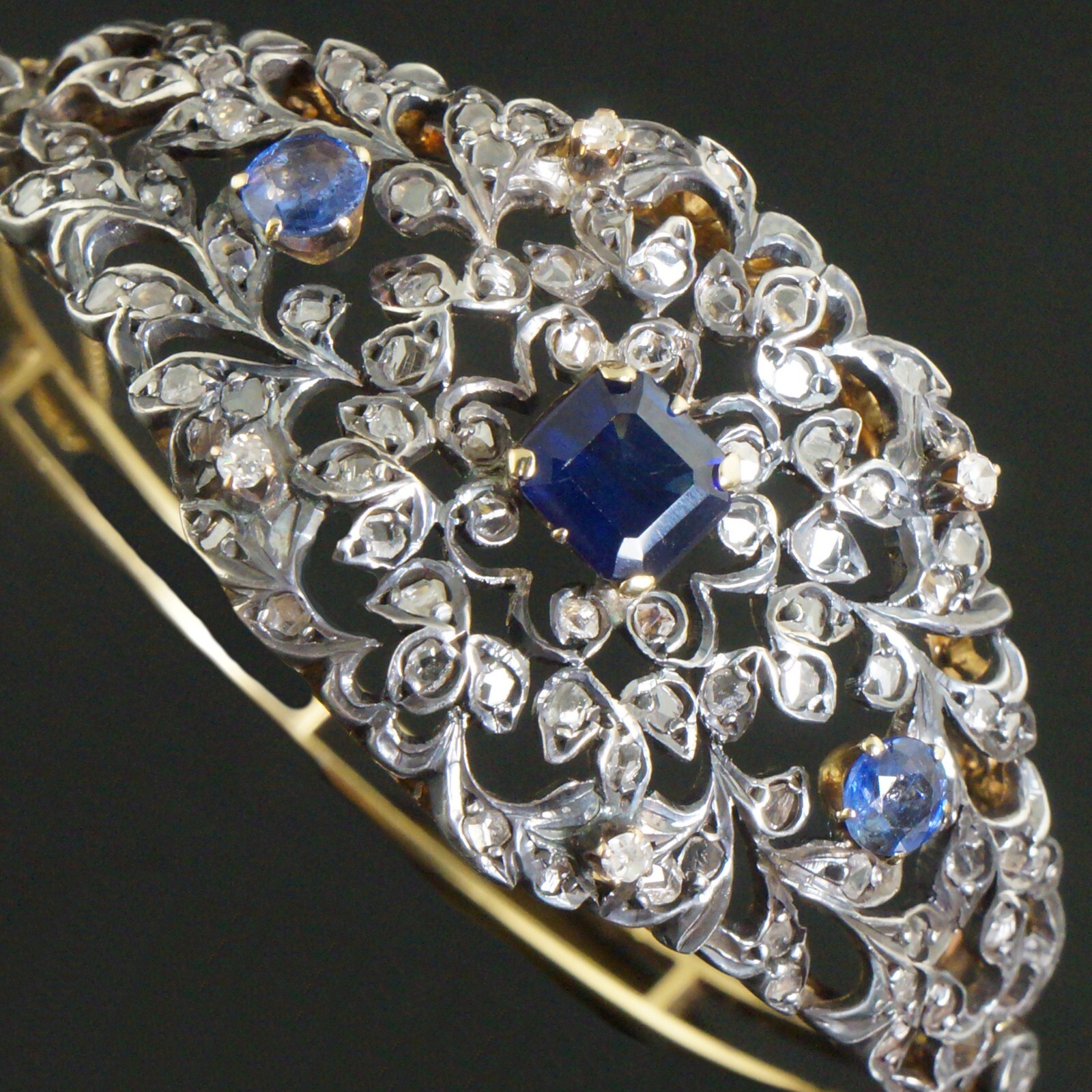c1880 Solid 18K Yellow Gold, Silver, Rose Cut Diamond & Sapphire Bangle Bracelet