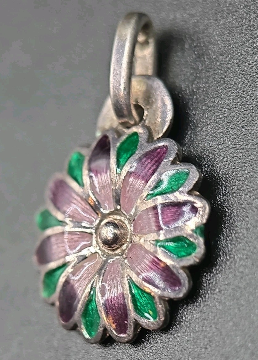 ​Vtg Mexico 980 Silver Enamel Flower Pendant Purple Green Daisy Taxco…